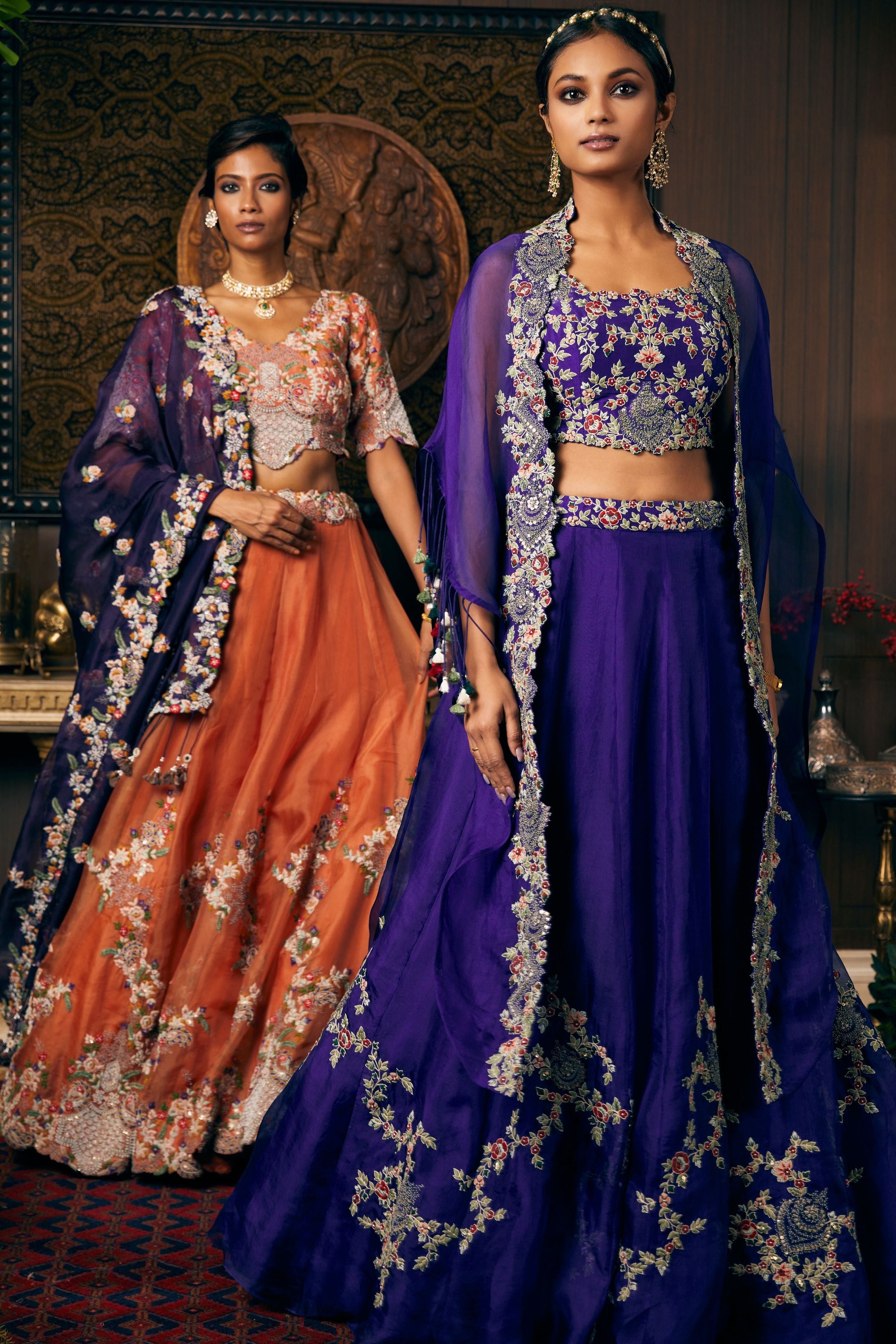 Dark aubergine organza lehenga and organza cape with silk blouse  Mokshaa