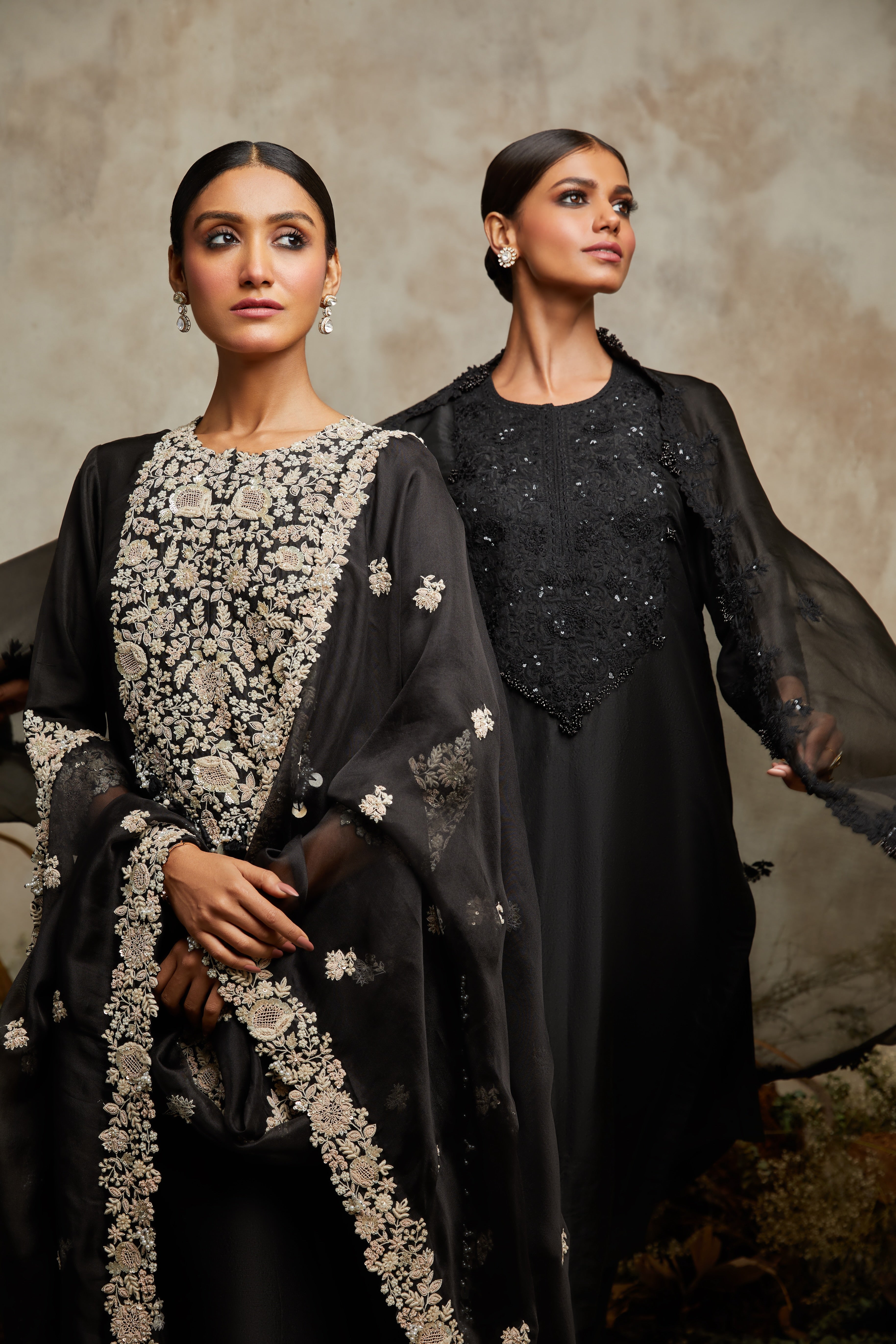 Black silk kurta with organza dupatta and cotton satin pants  Mokshaa