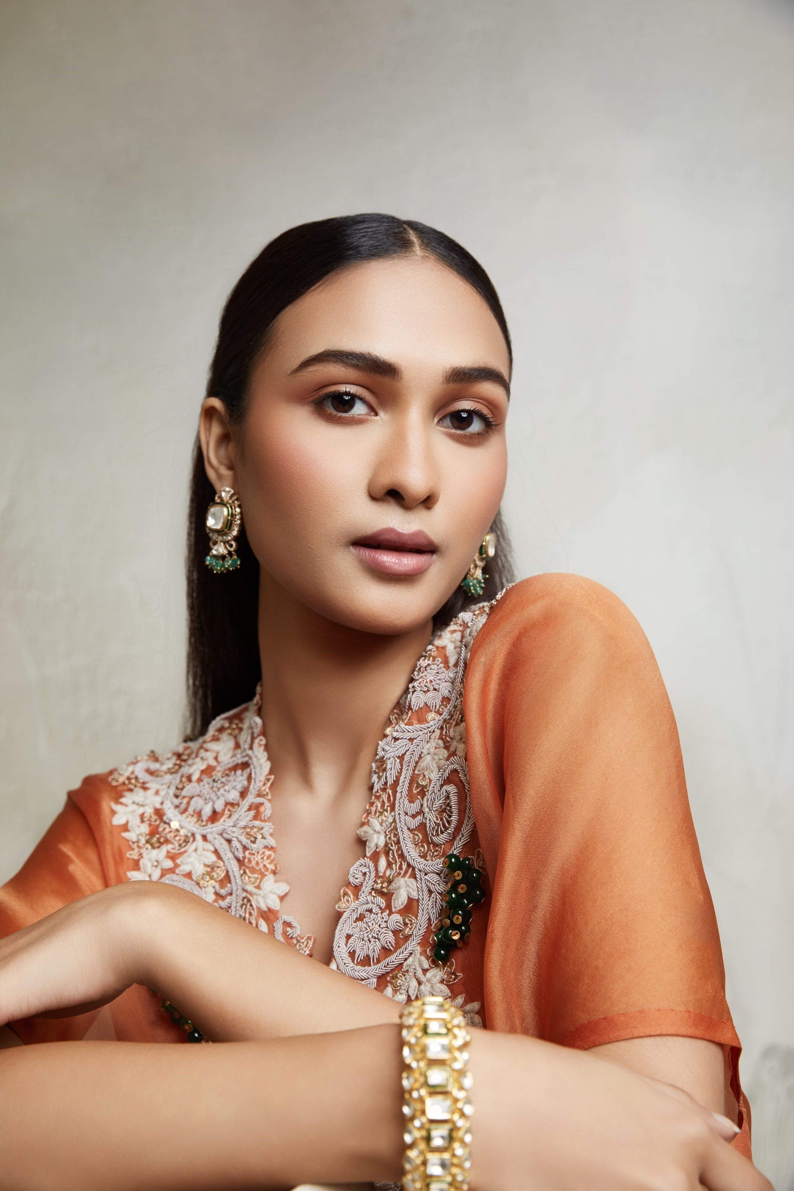 Rust Pull Dori Kaftan Set with Bustier & Asymmetric Pants  Mokshaa