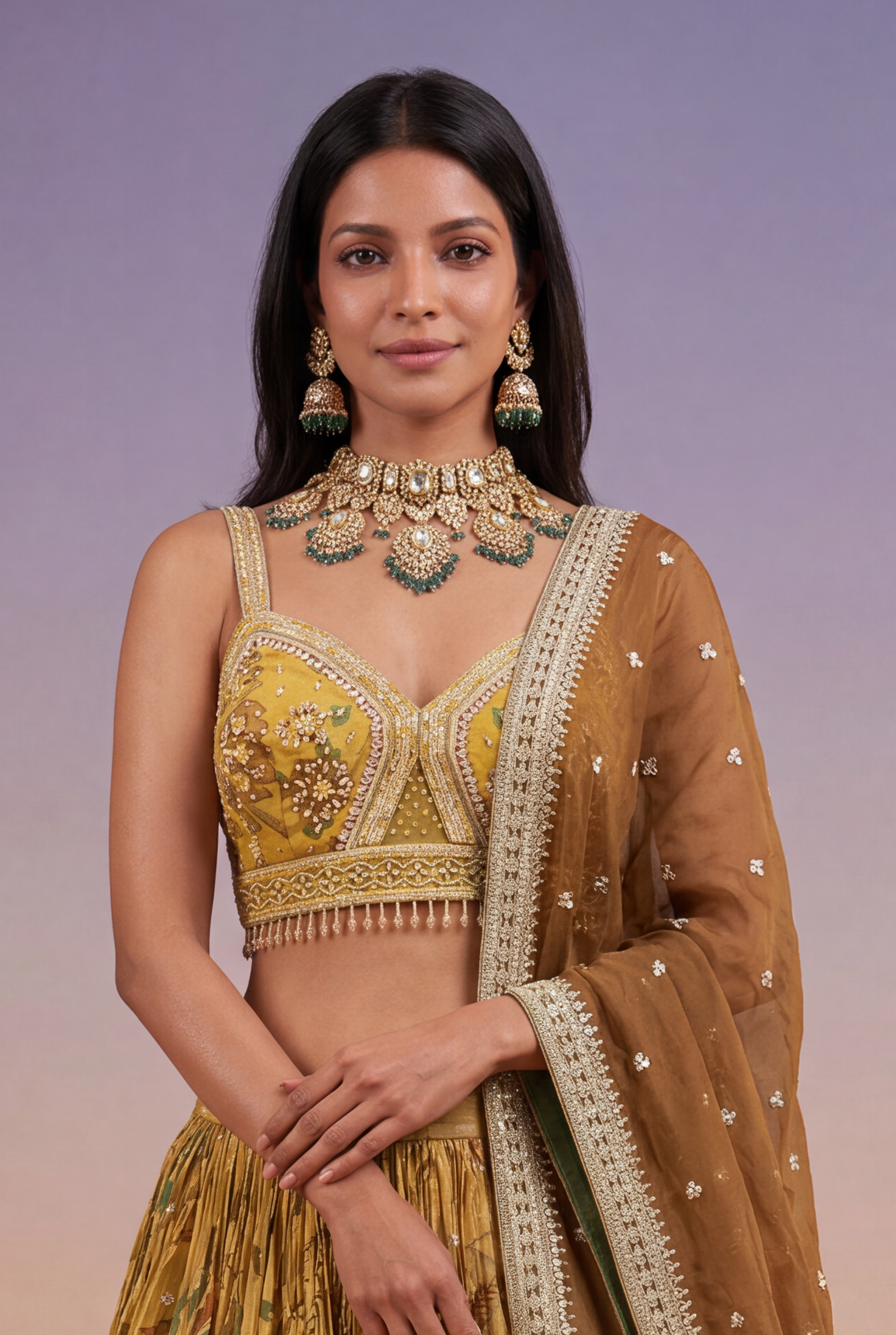 Mustard Gold Tissue Lehenga with Printed Florals & Zari Work