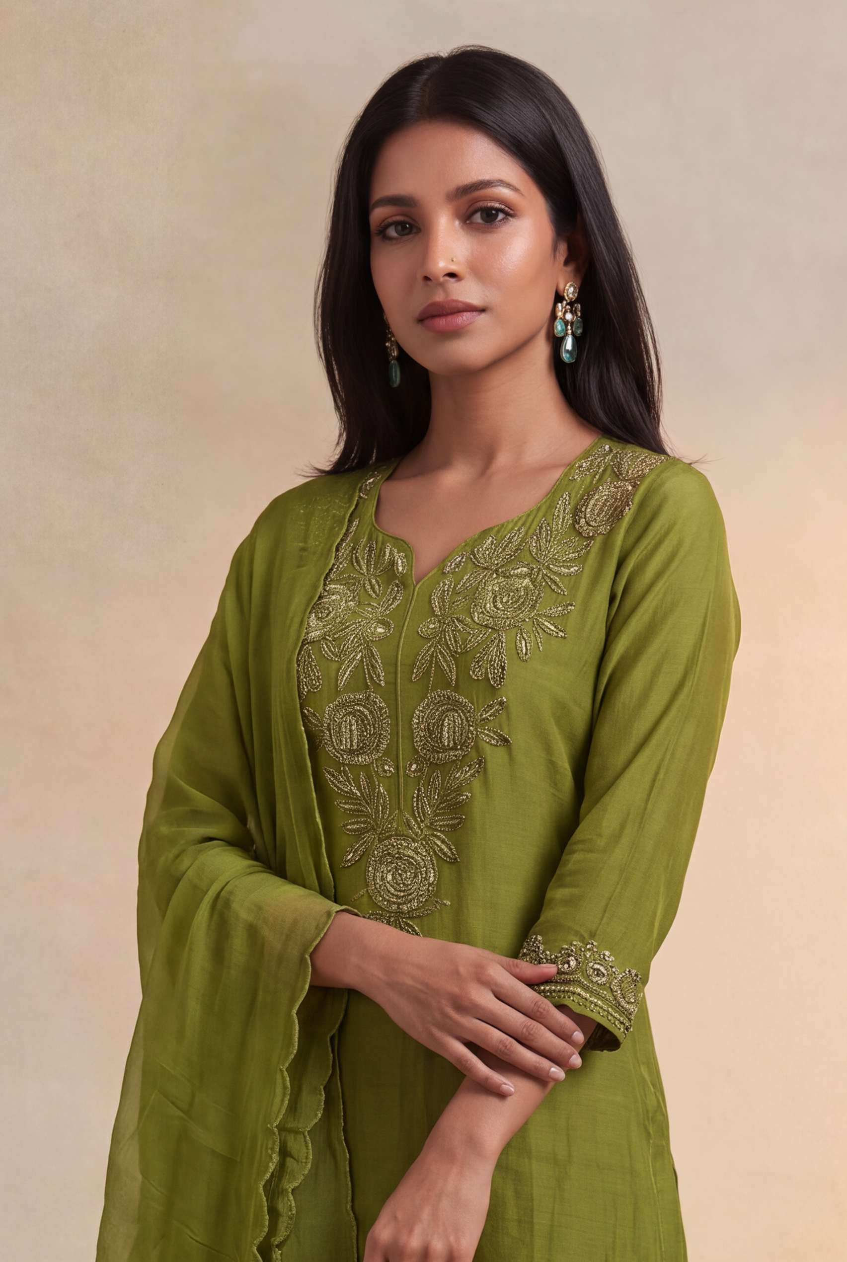 Olive Green Mul Cotton Straight-Cut Salwar Set