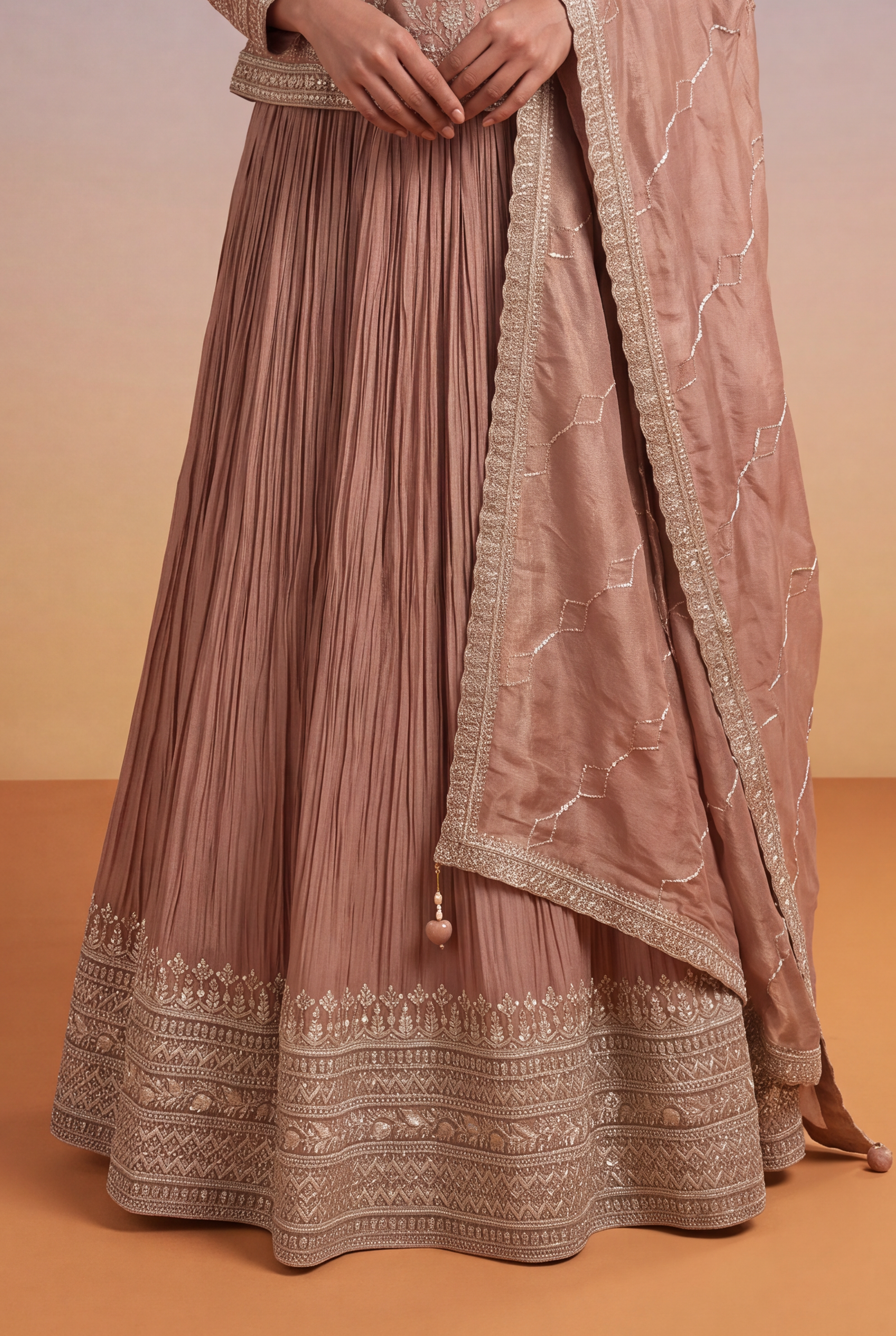 Mauve Chinon Lehenga with Zari-Embroidered Tissue Silk Top