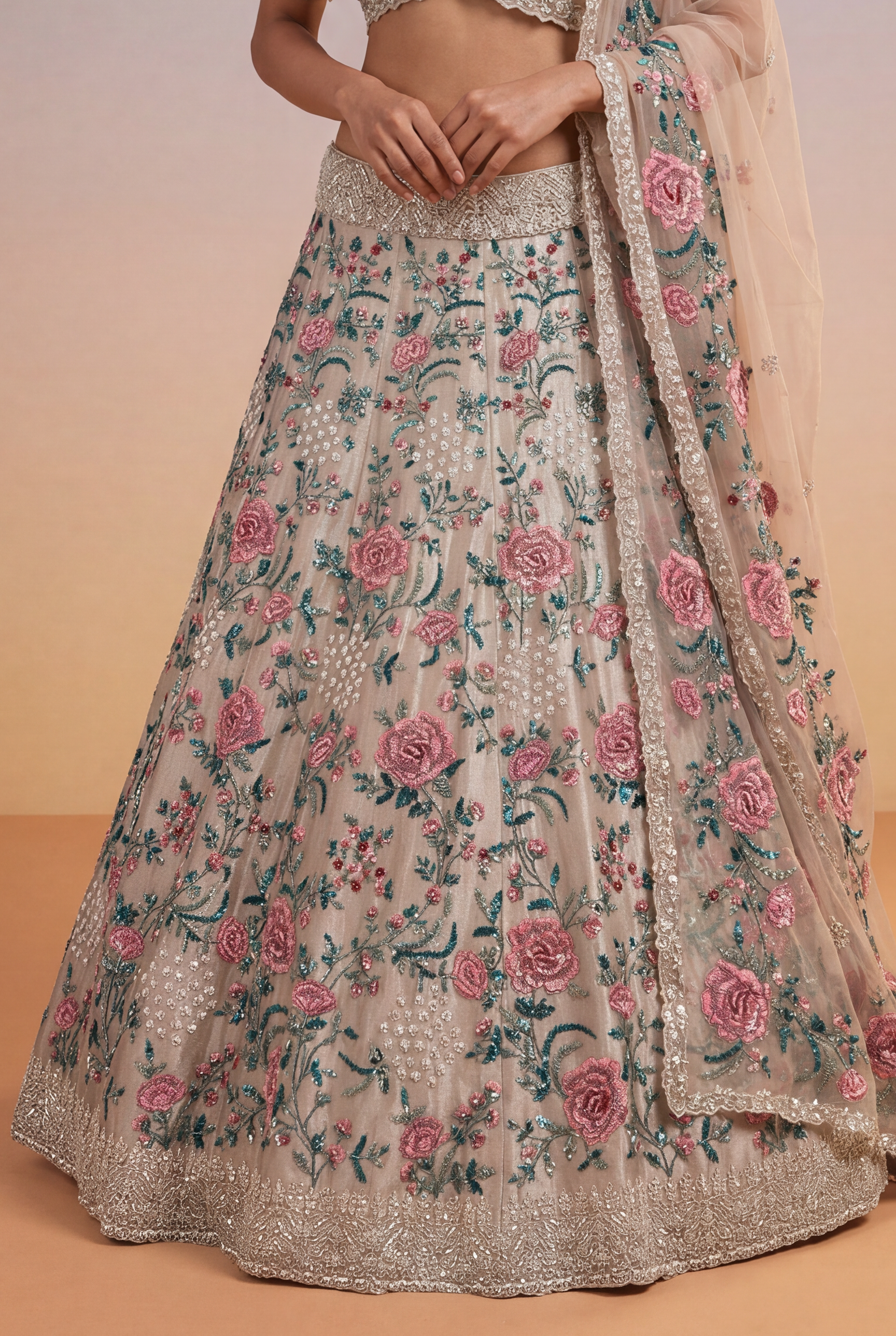 Multicolour Floral Embroidered Tissue Lehenga