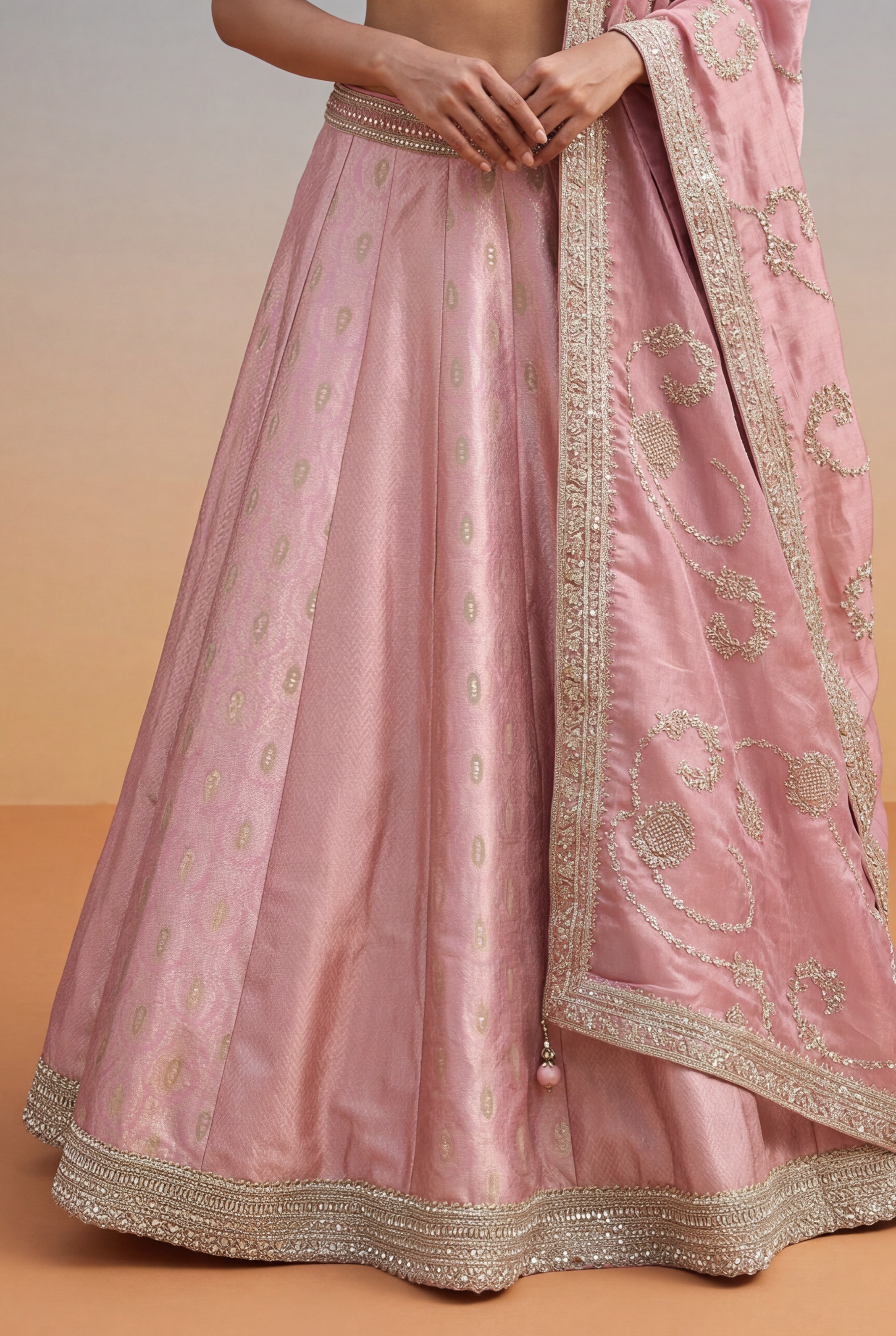 Dusty Pink Banarasi Silk Lehenga with Kutdana & Pearl Embroidery