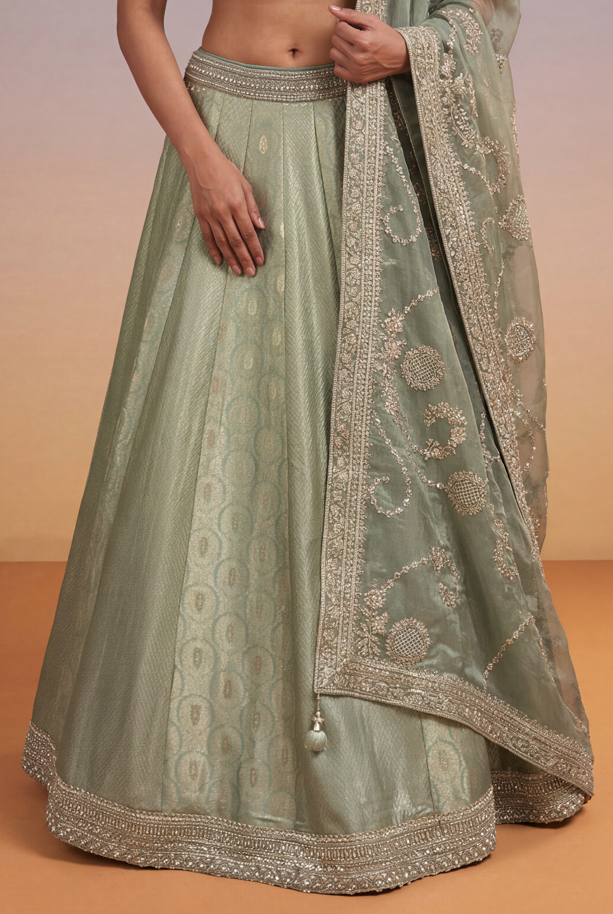 Sage Green Banarasi Silk Lehenga with Kutdana & Pearl Embroidery