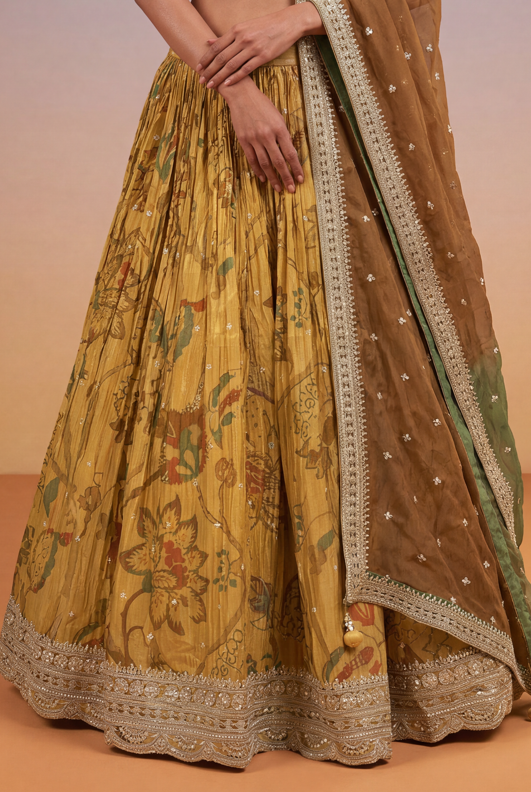 Mustard Gold Tissue Lehenga with Printed Florals & Zari Work