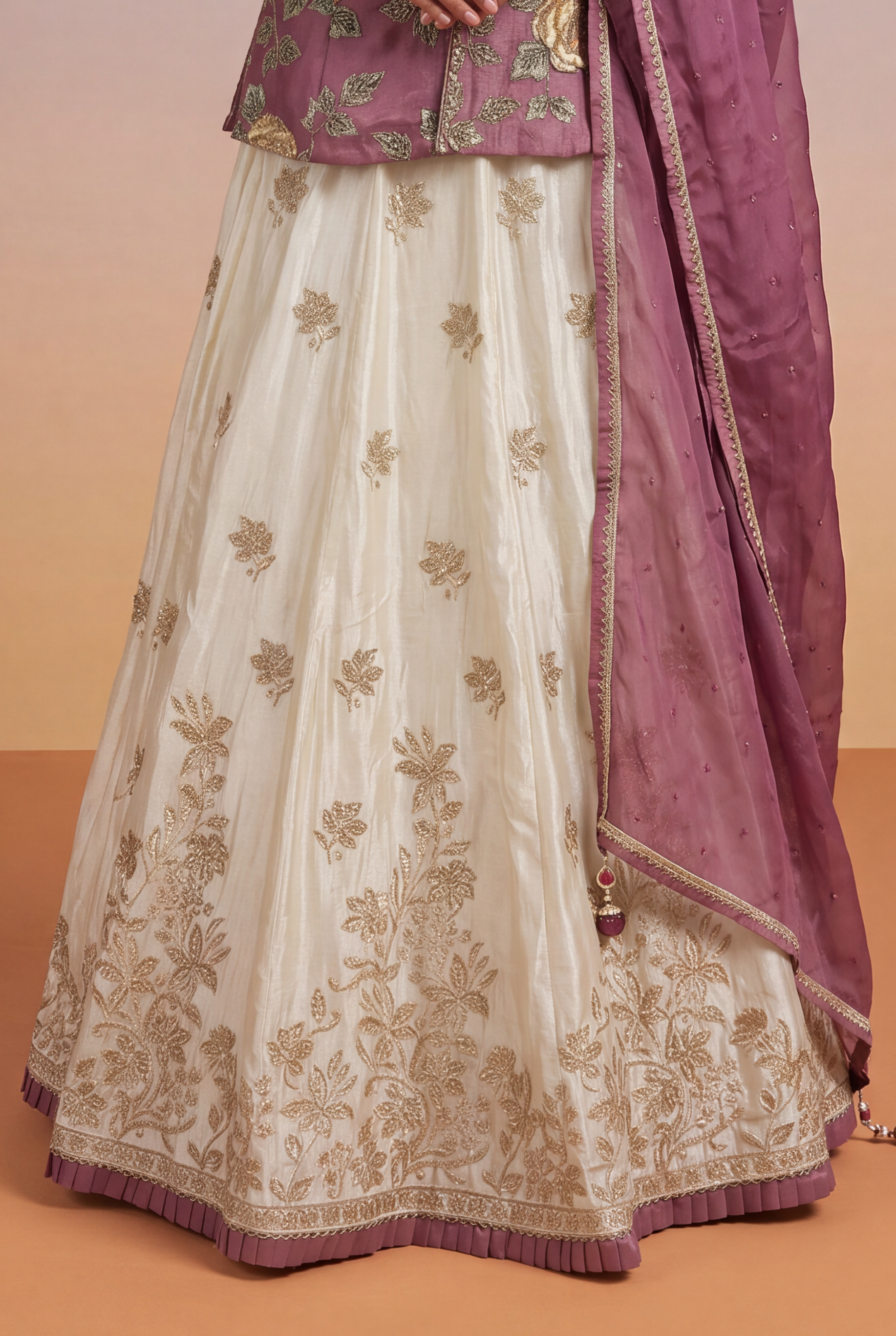 Mauve Floral Corset Peplum with Ivory Tissue Lehenga Skirt