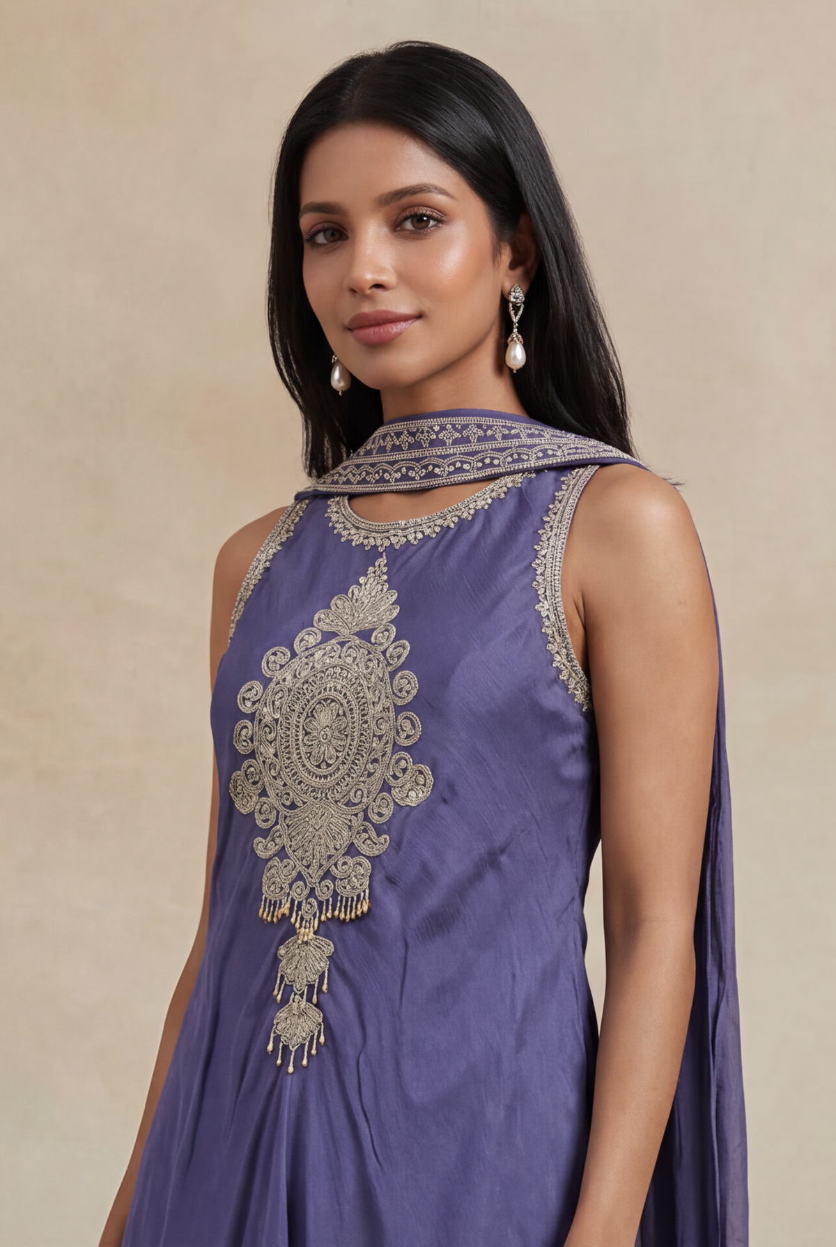 Slate Violet Chinon Katdana & Sequin Indo Western Set