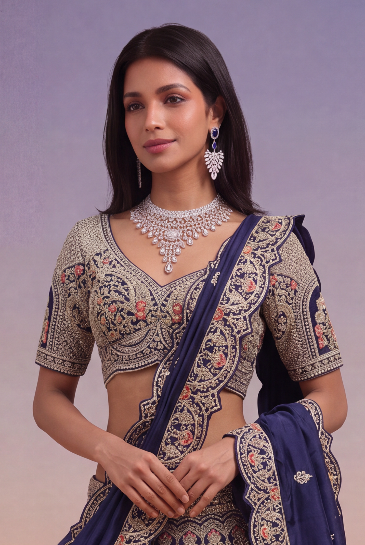 Navy Blue Raw Silk Bridal Lehenga