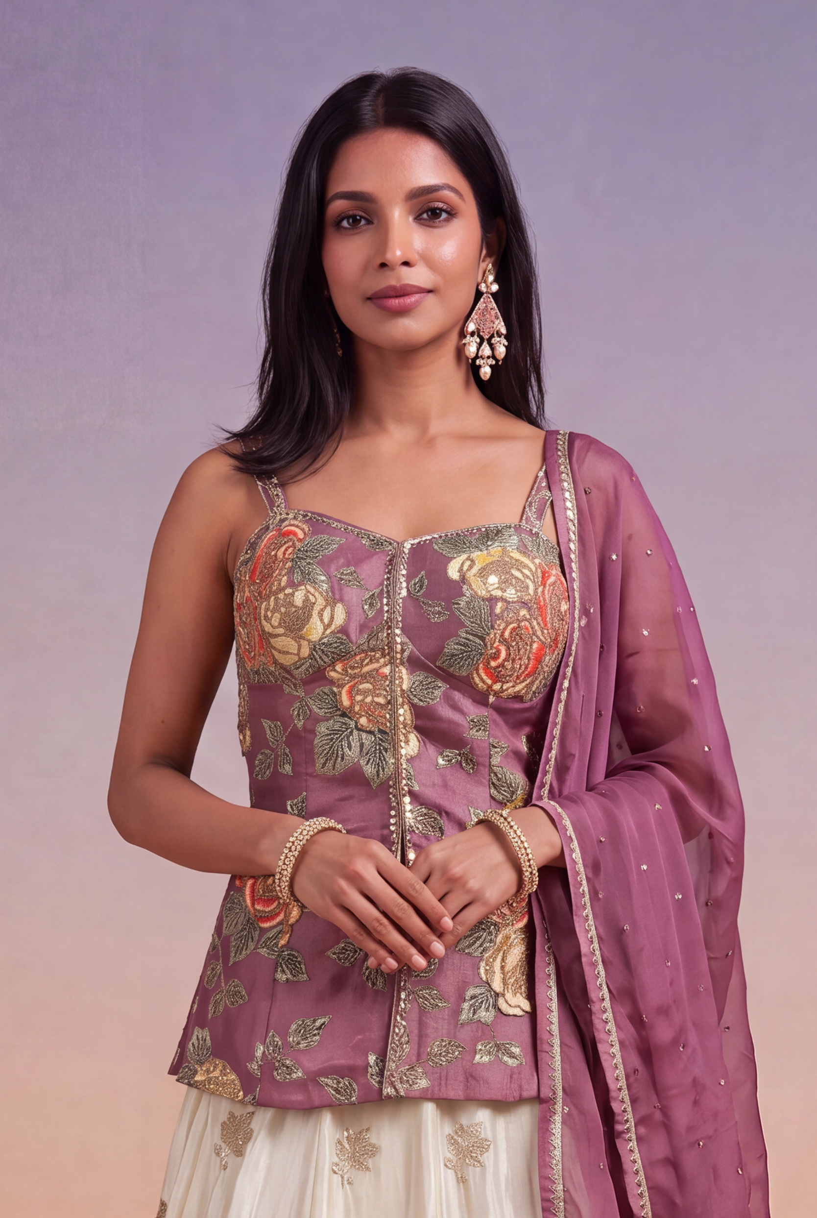 Mauve Floral Corset Peplum with Ivory Tissue Lehenga Skirt