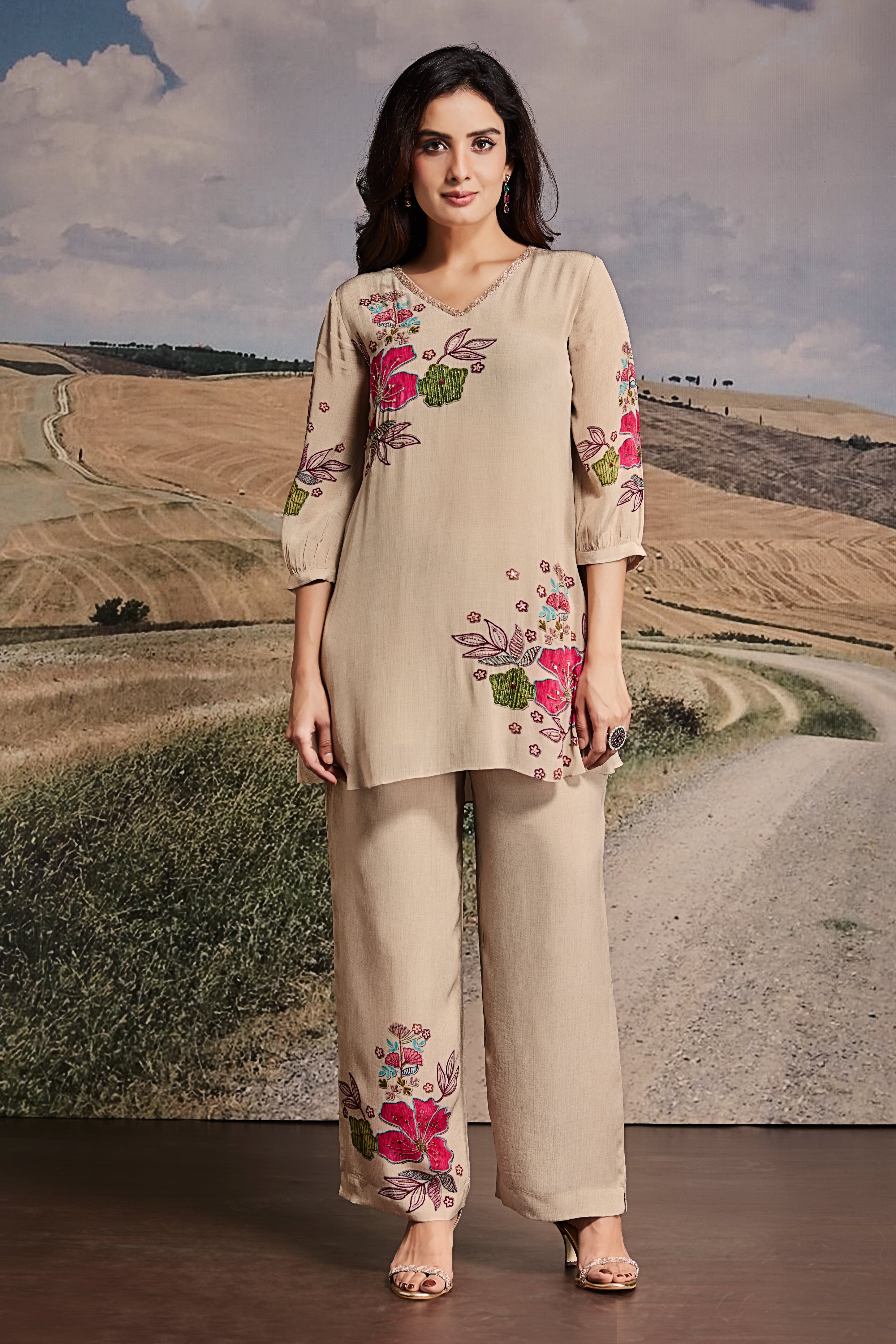 Beige Crepe Co-ord Set with Multicolor Floral Embroidery