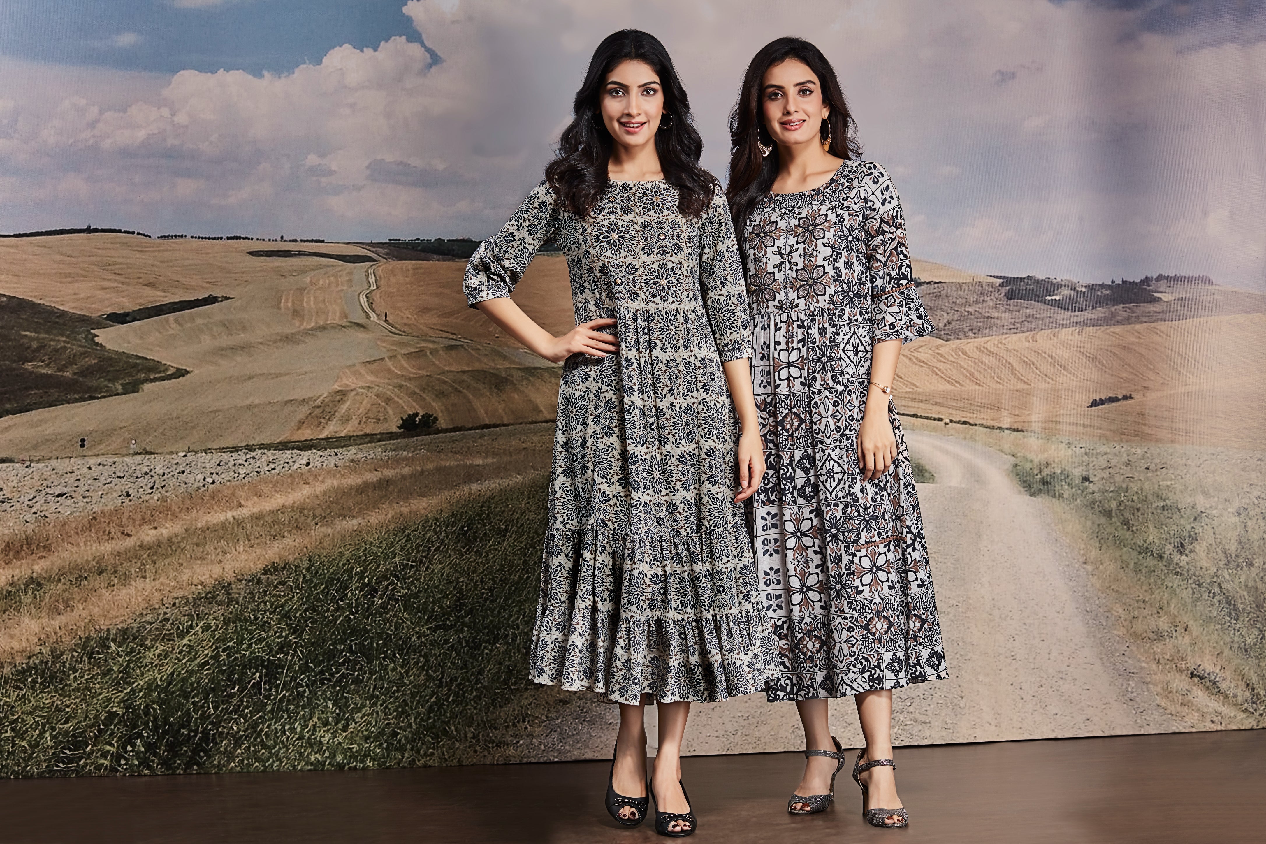 Tile Print Crepe Midi Dress with Flared Sleeves