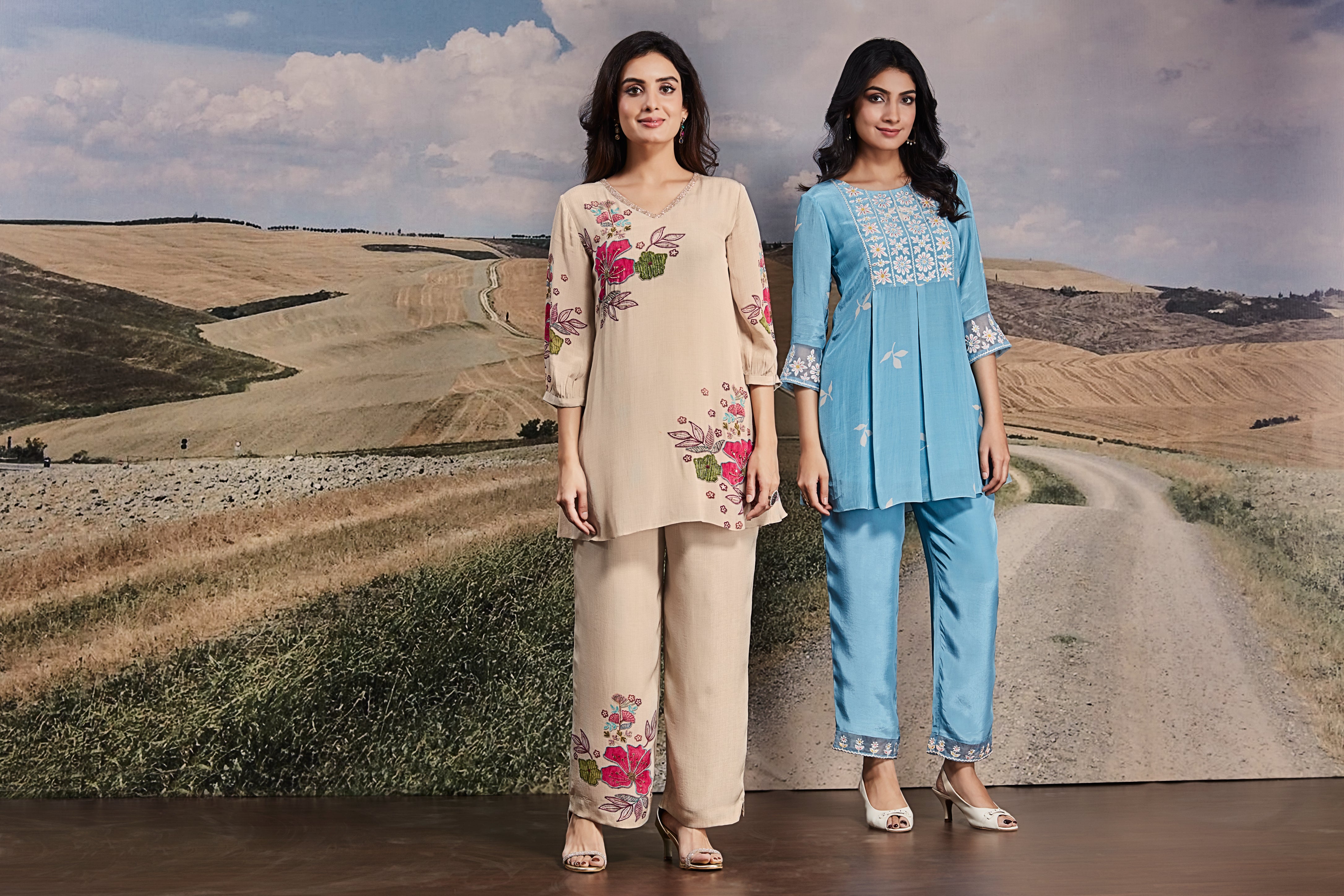 Powder Blue Satin Co-ord Set with Daisy Embroidery