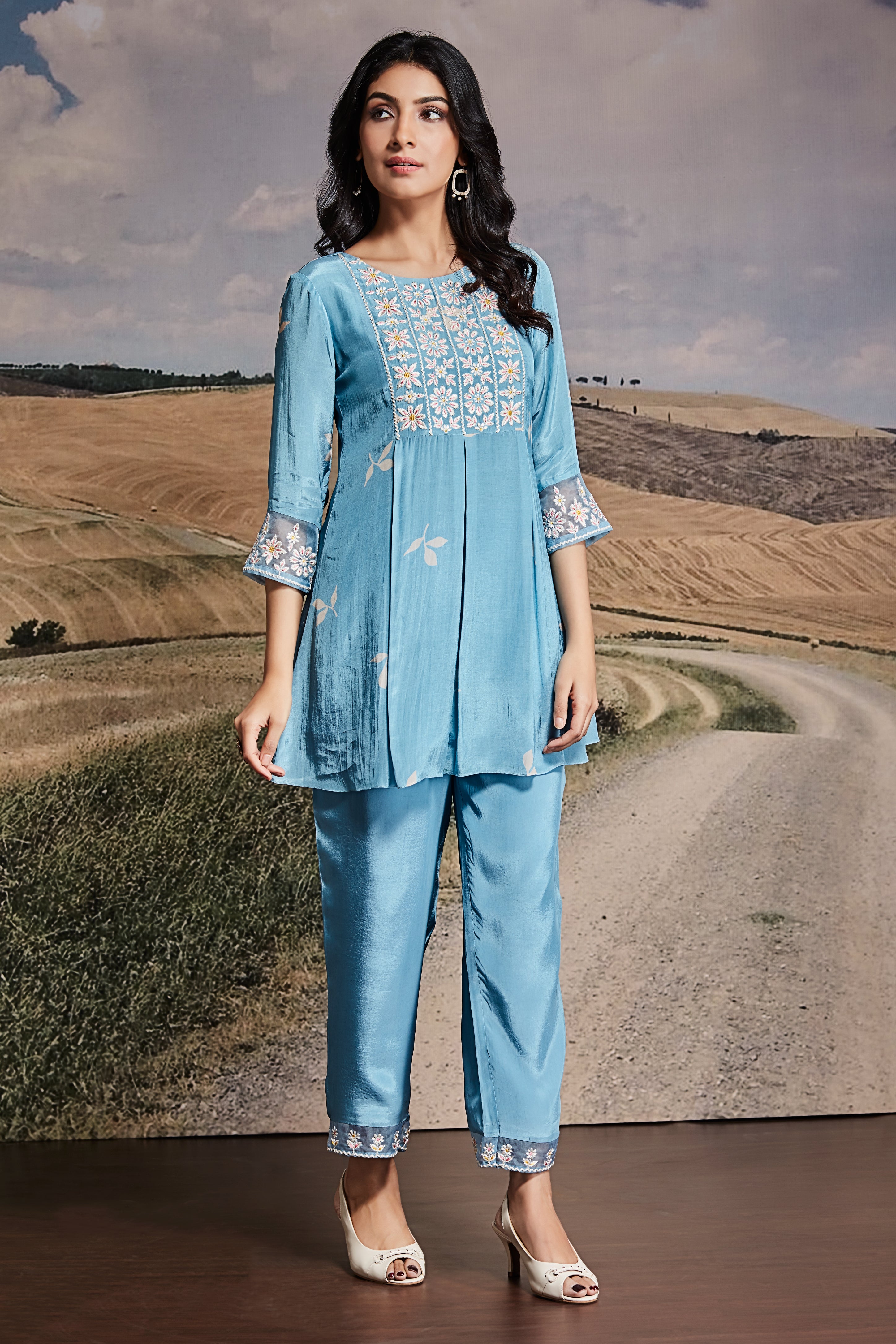 Powder Blue Satin Co-ord Set with Daisy Embroidery