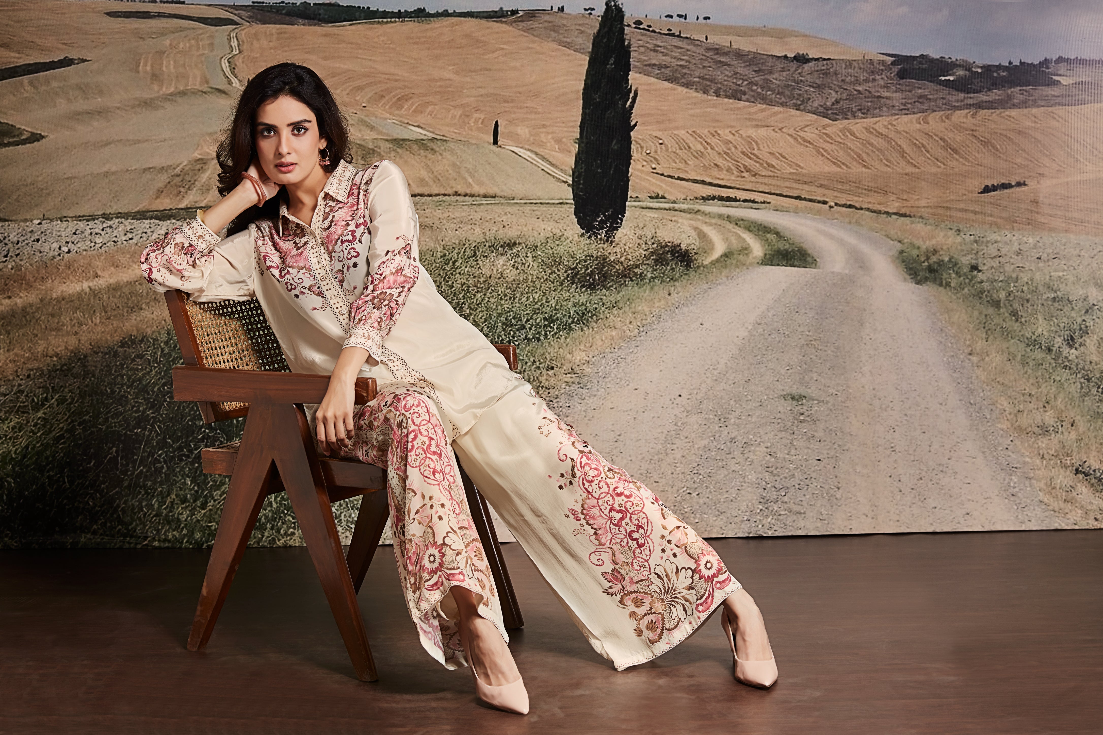 Ivory Crepe Co-ord Set with Rose Vine Embroidery