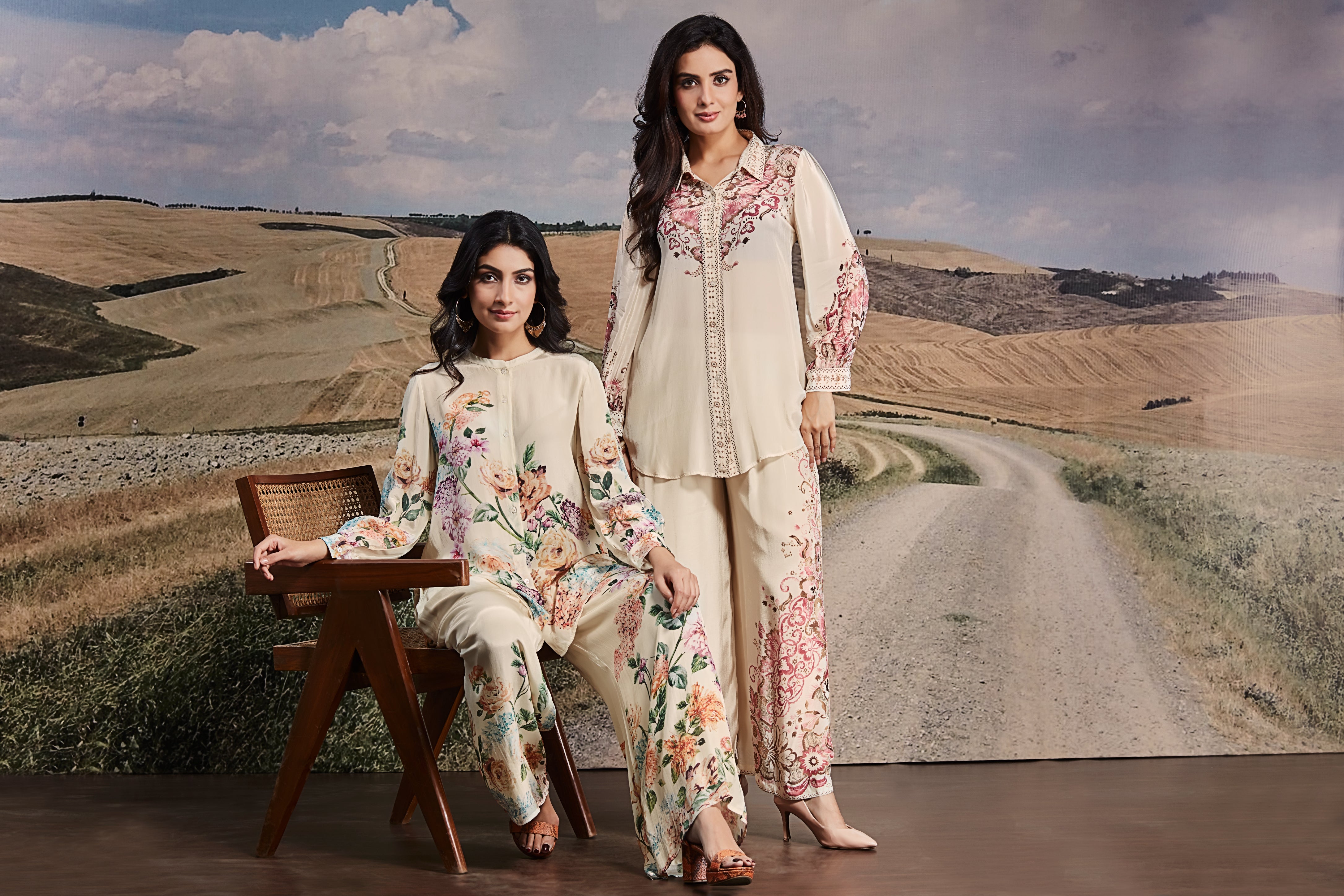 Ivory Crepe Co-ord Set with Botanical Print