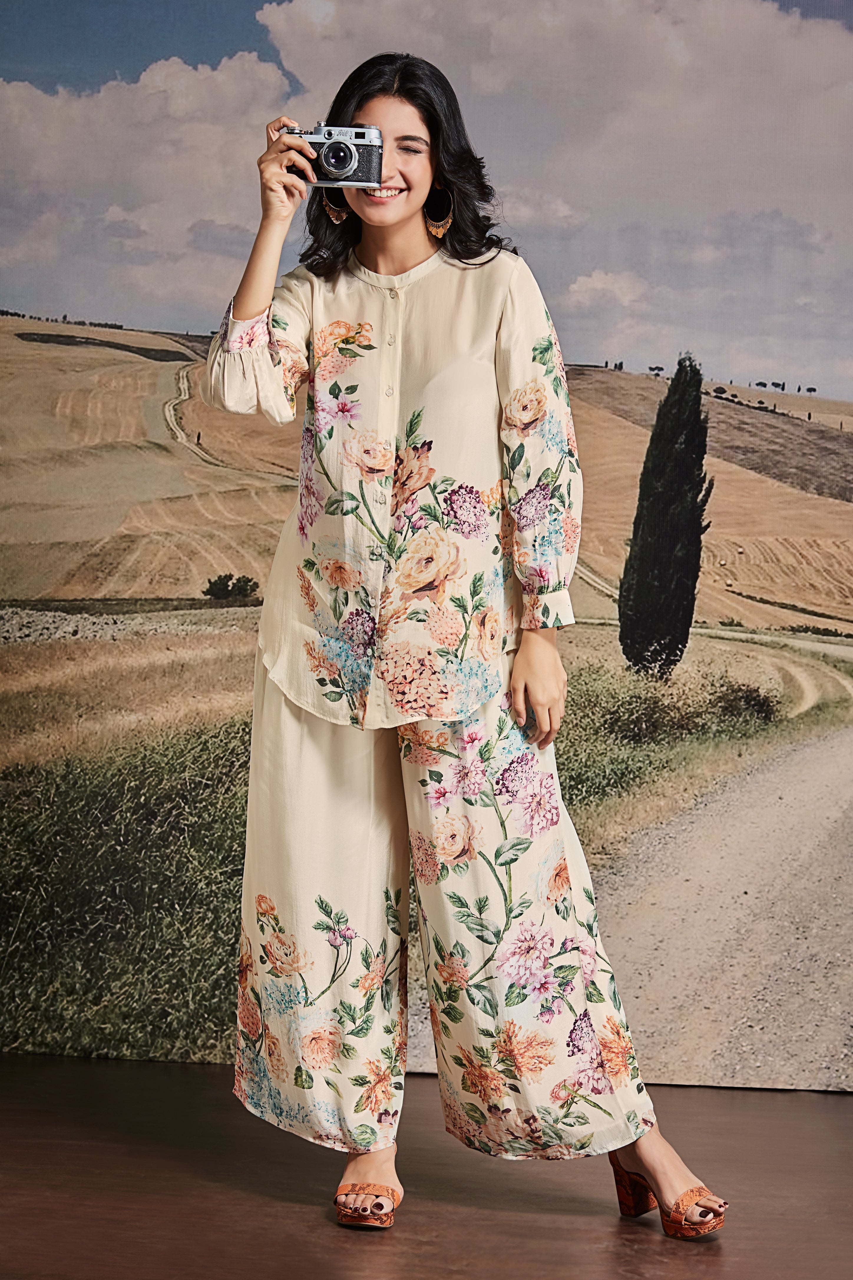 Ivory Crepe Co-ord Set with Botanical Print