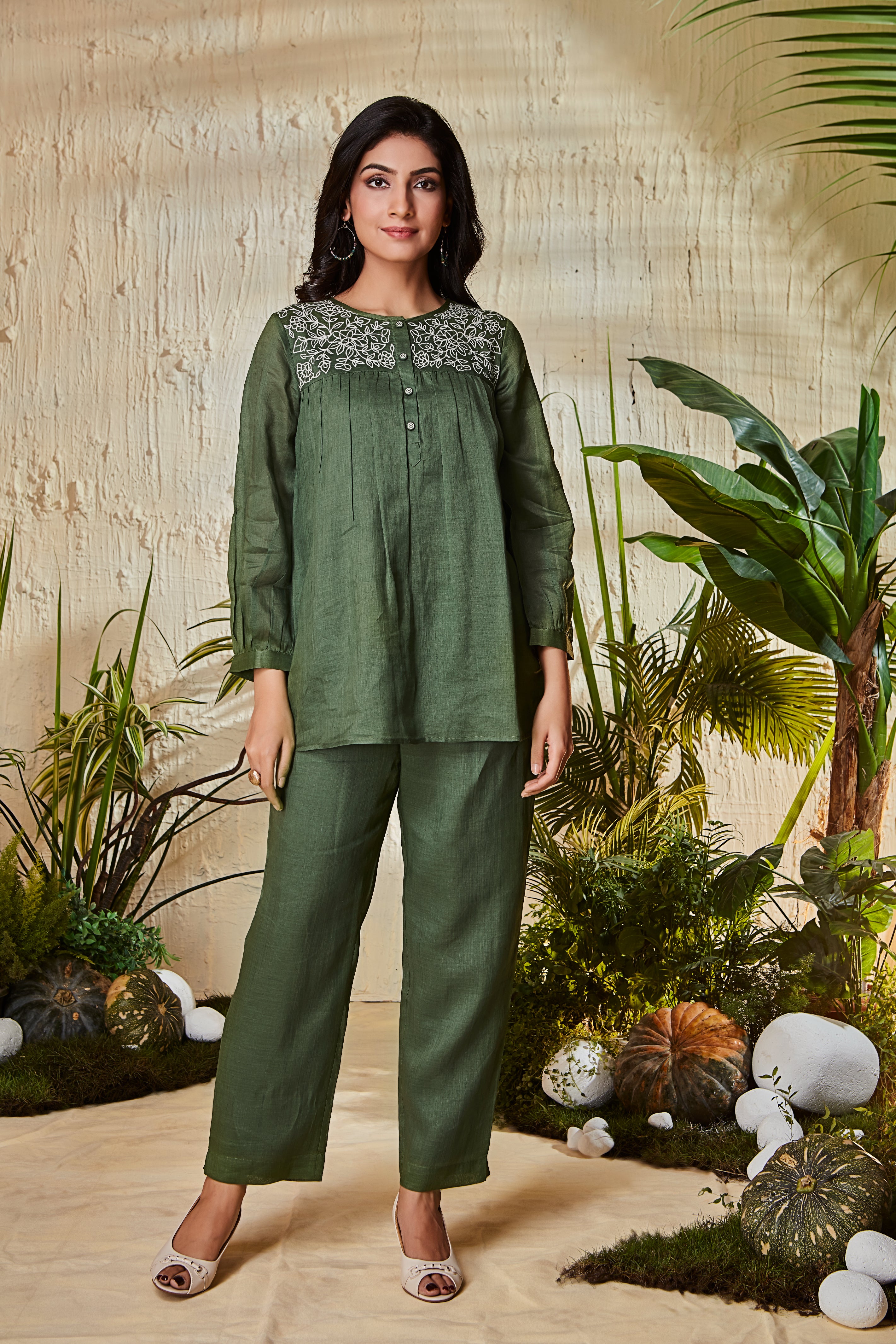 Olive Green Linen Co-ord Set with Ivory Floral Yoke Embroidery