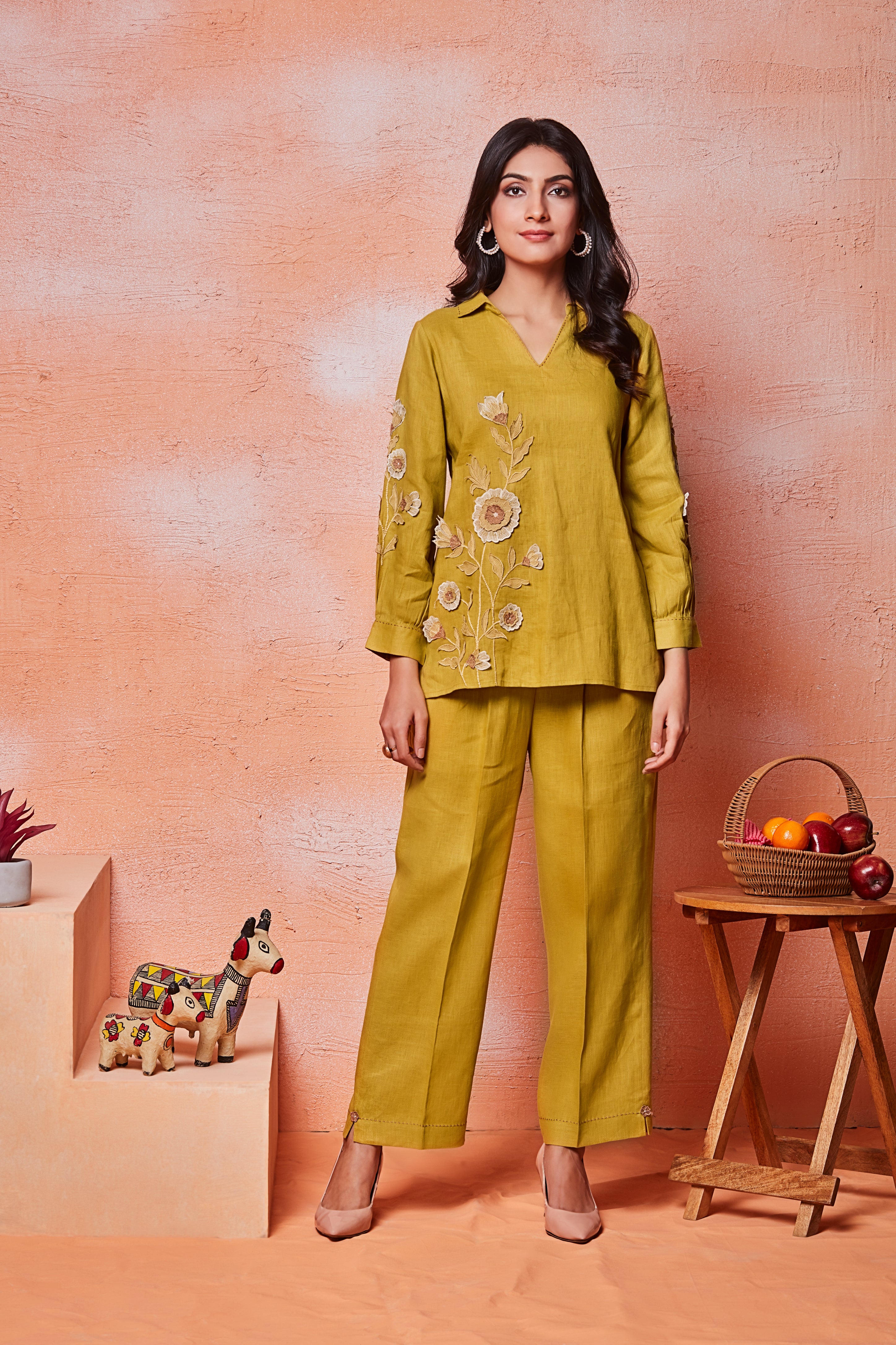 Mustard Linen Co-ord Set with Beige 3D Floral Embroidery