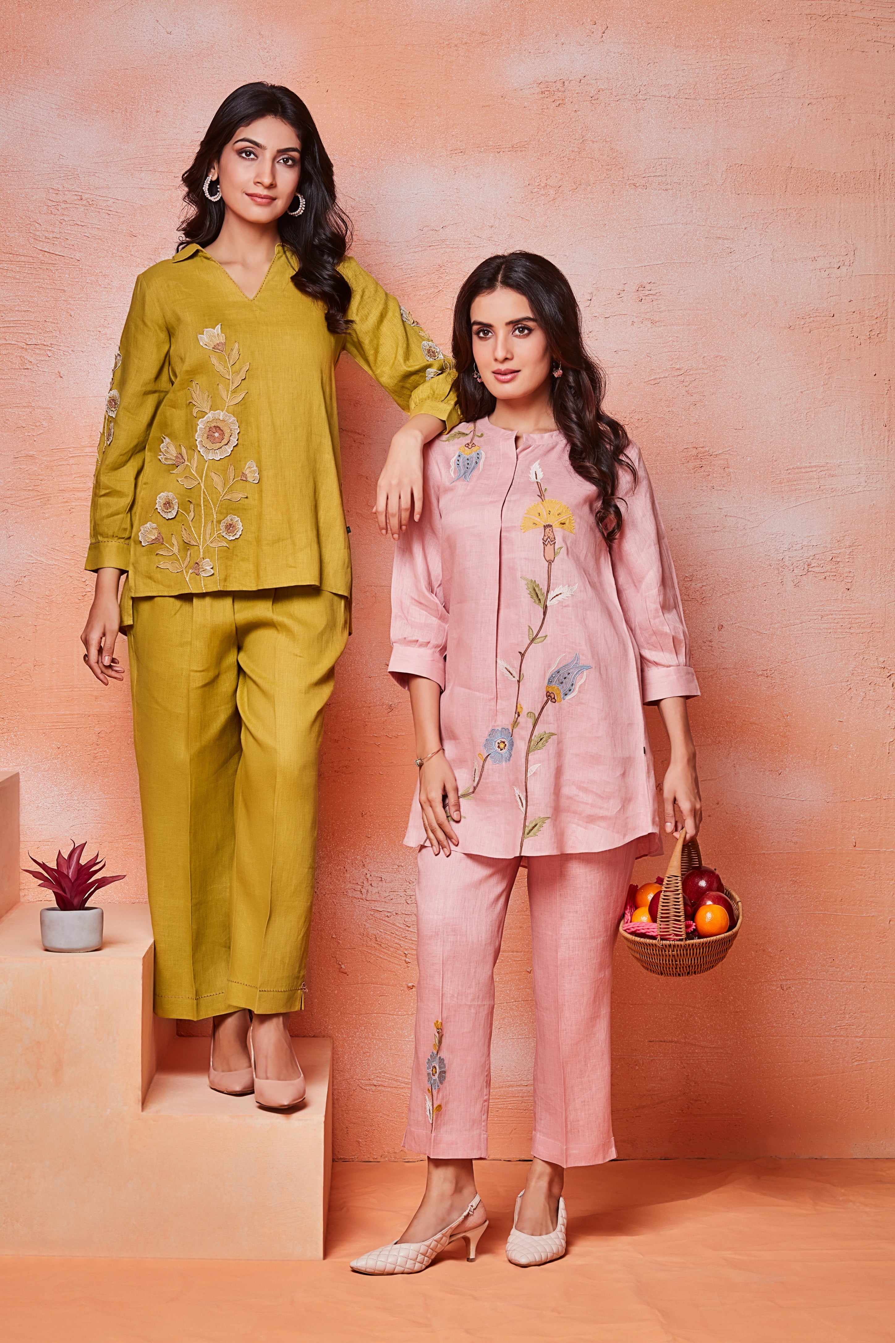 Blush Pink Linen Co-ord Set with Delicate Botanical Embroidery