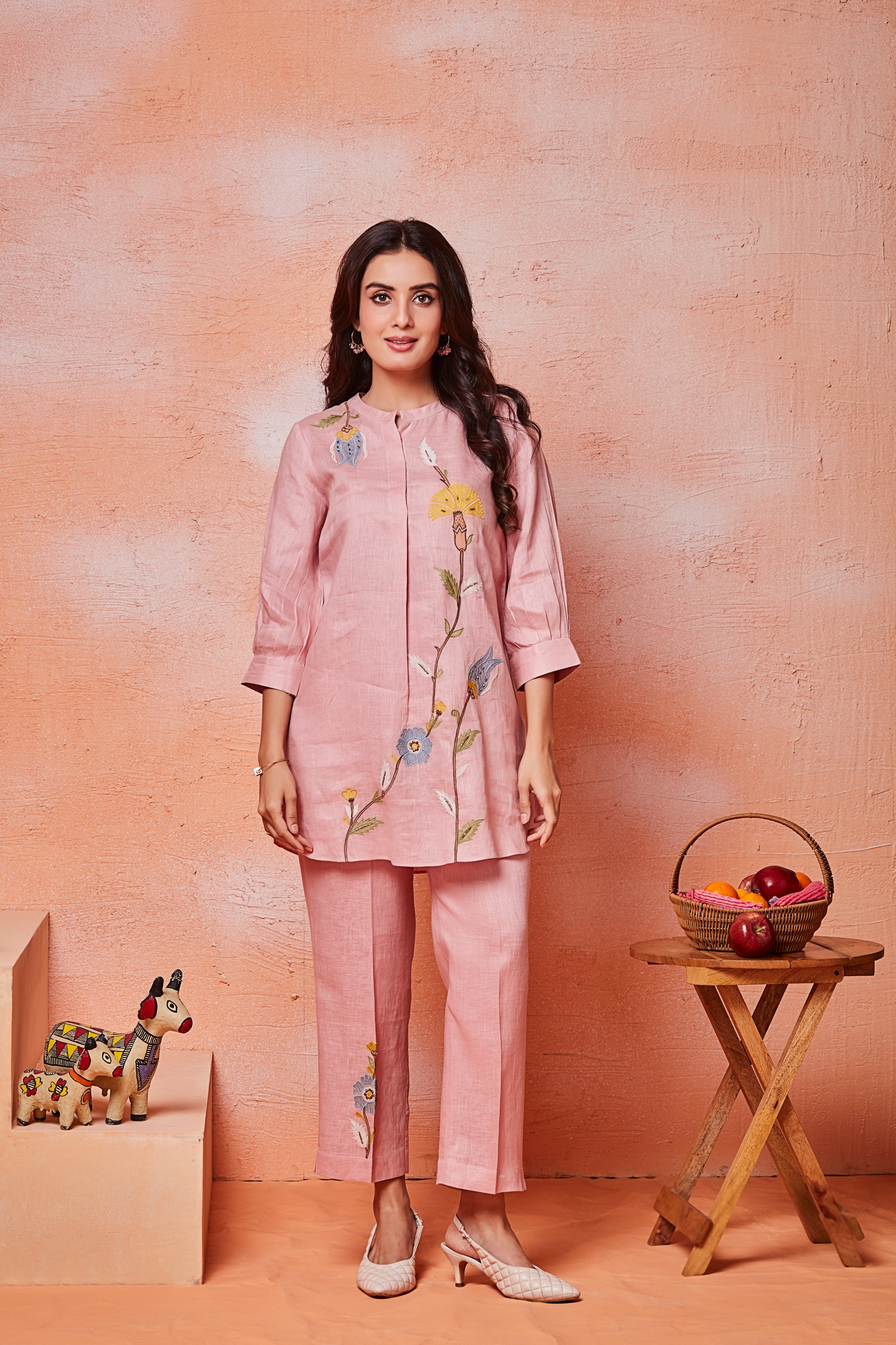 Blush Pink Linen Co-ord Set with Delicate Botanical Embroidery