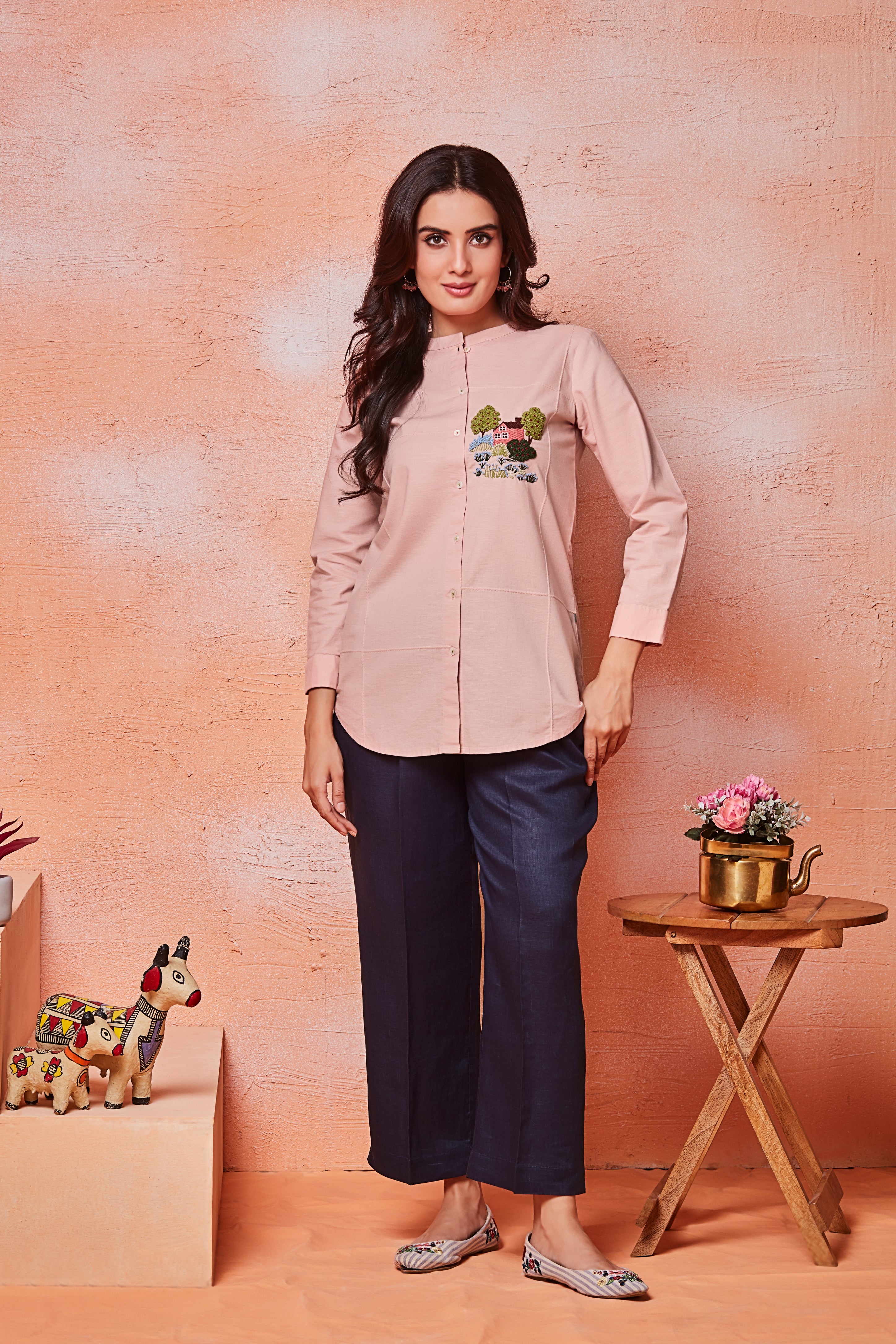 Blush Pink Cotton Shirt with Scenic Embroidery