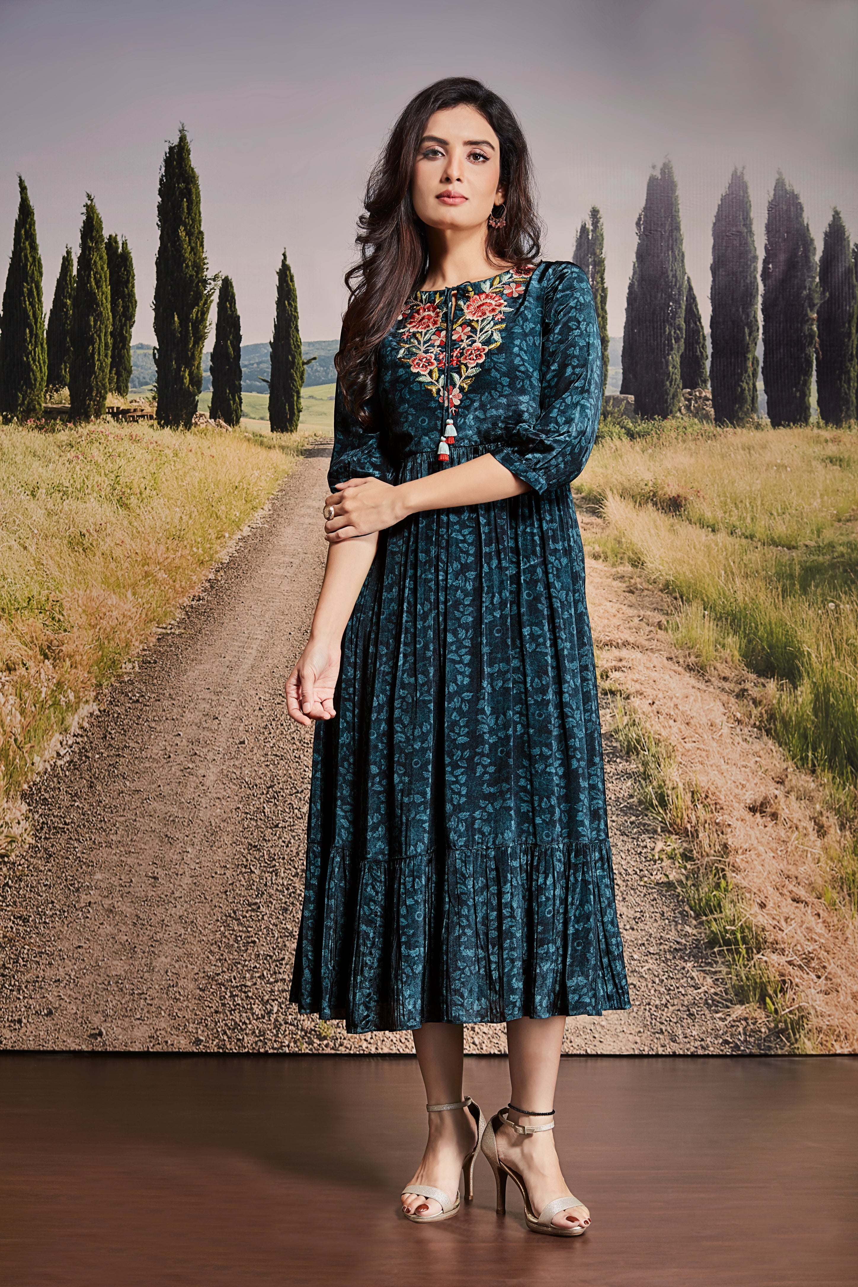 Teal Cotton Midi Dress with Embroidered Yoke