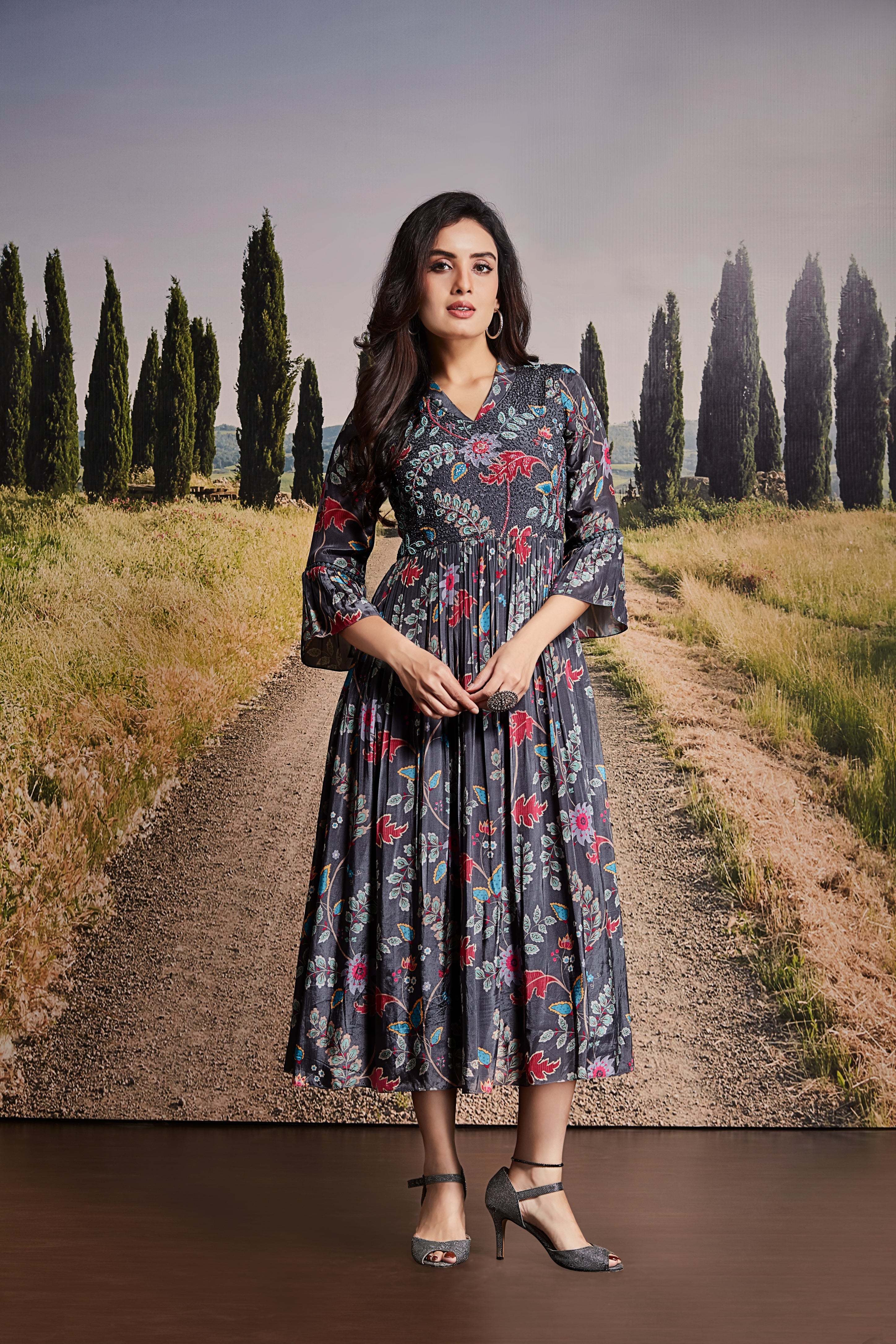 Grey Cotton Midi Dress with Multicolour Floral Print