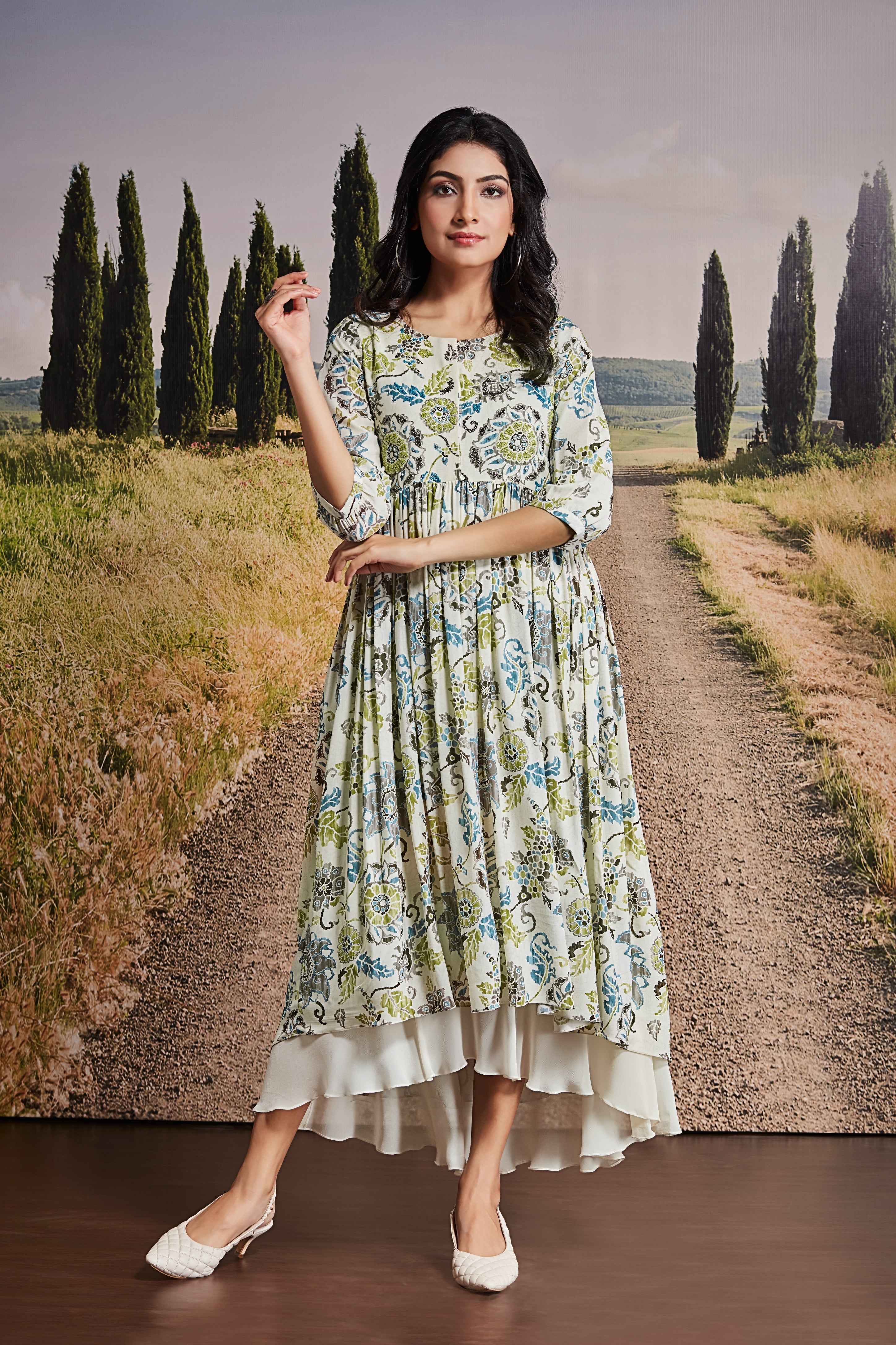 Off-White Cotton Midi Dress with Floral Print & Layered Hem