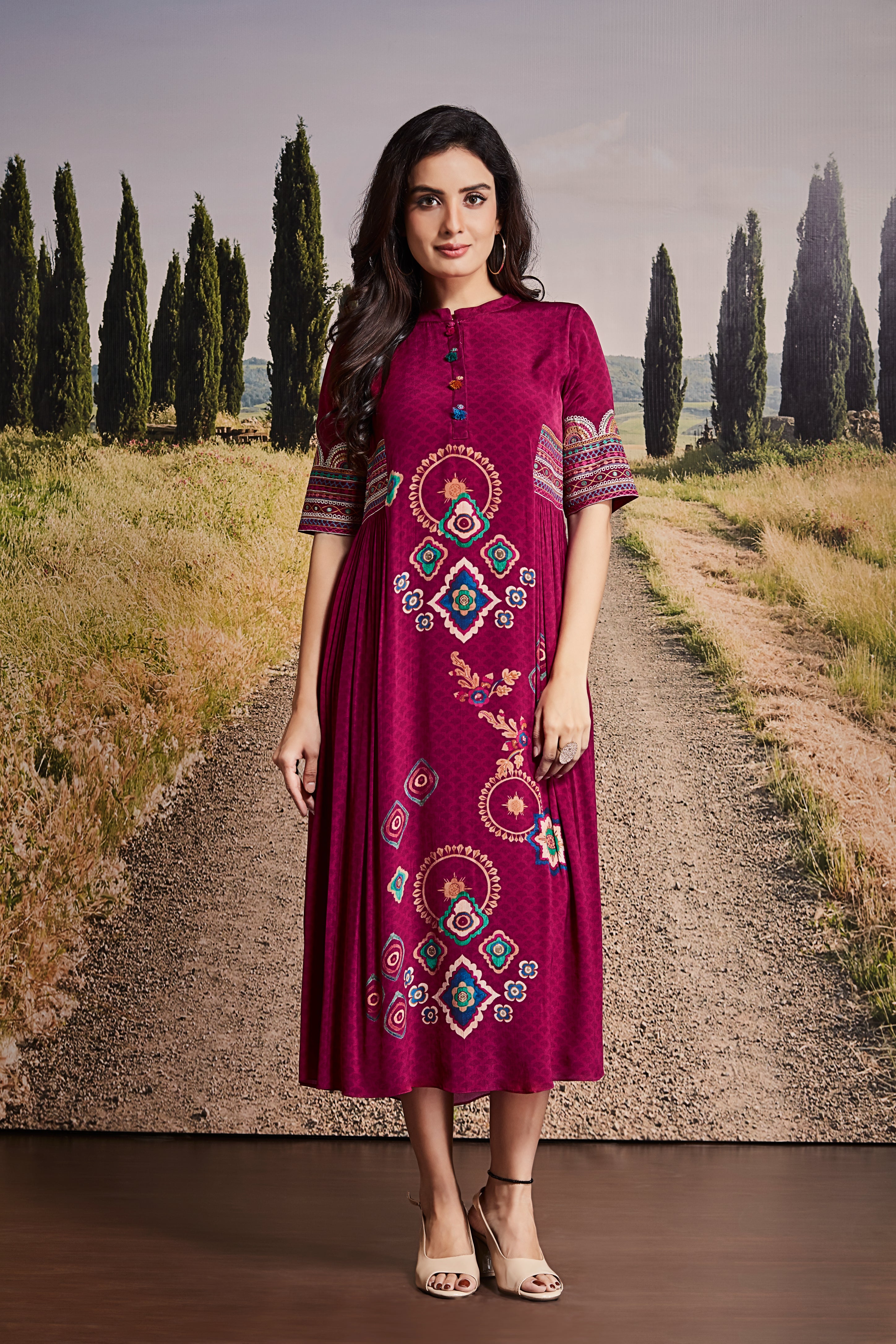 Magenta Cotton Midi Dress with Geometric Embroidery