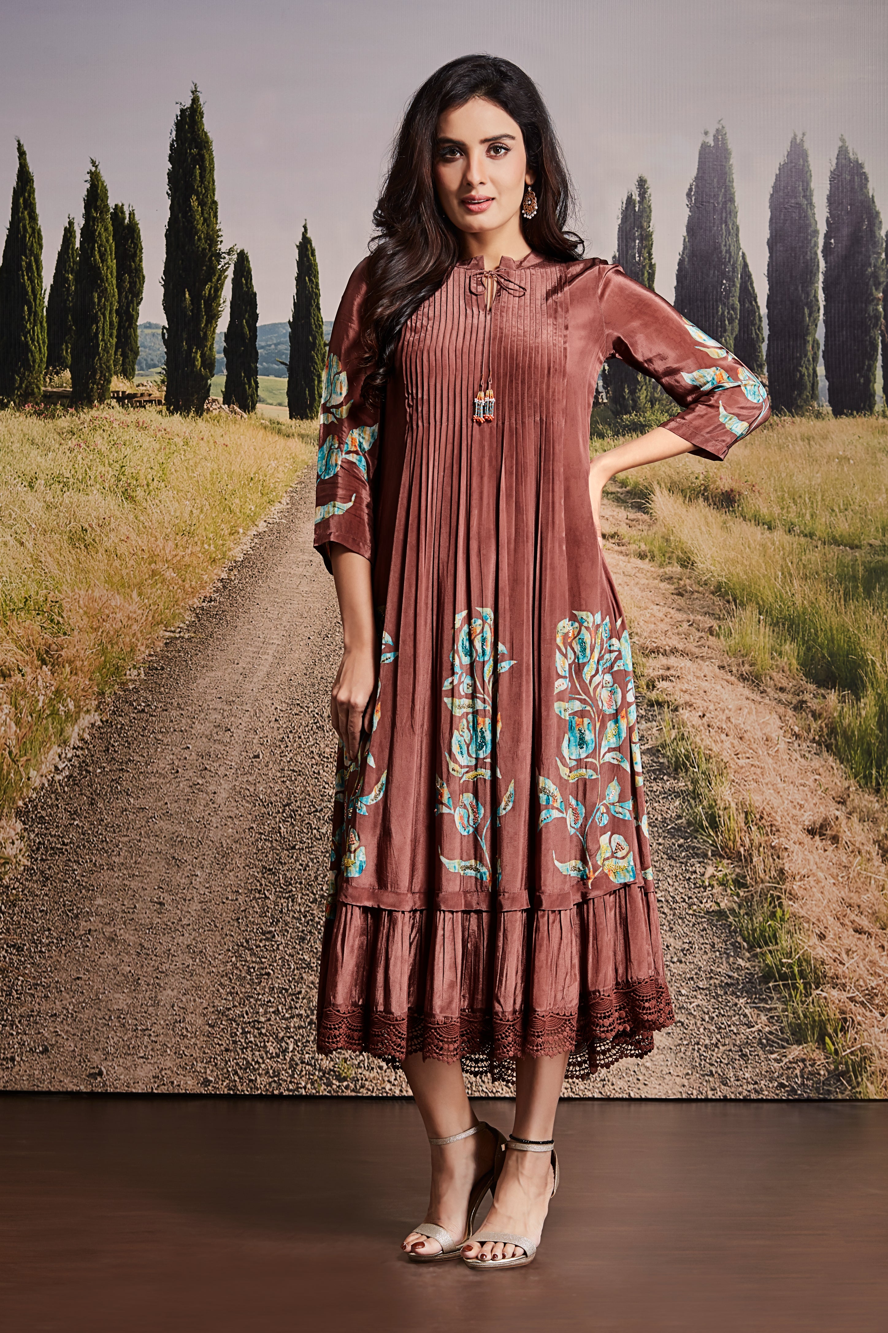 Brown Cotton Midi Dress with Floral Embroidery