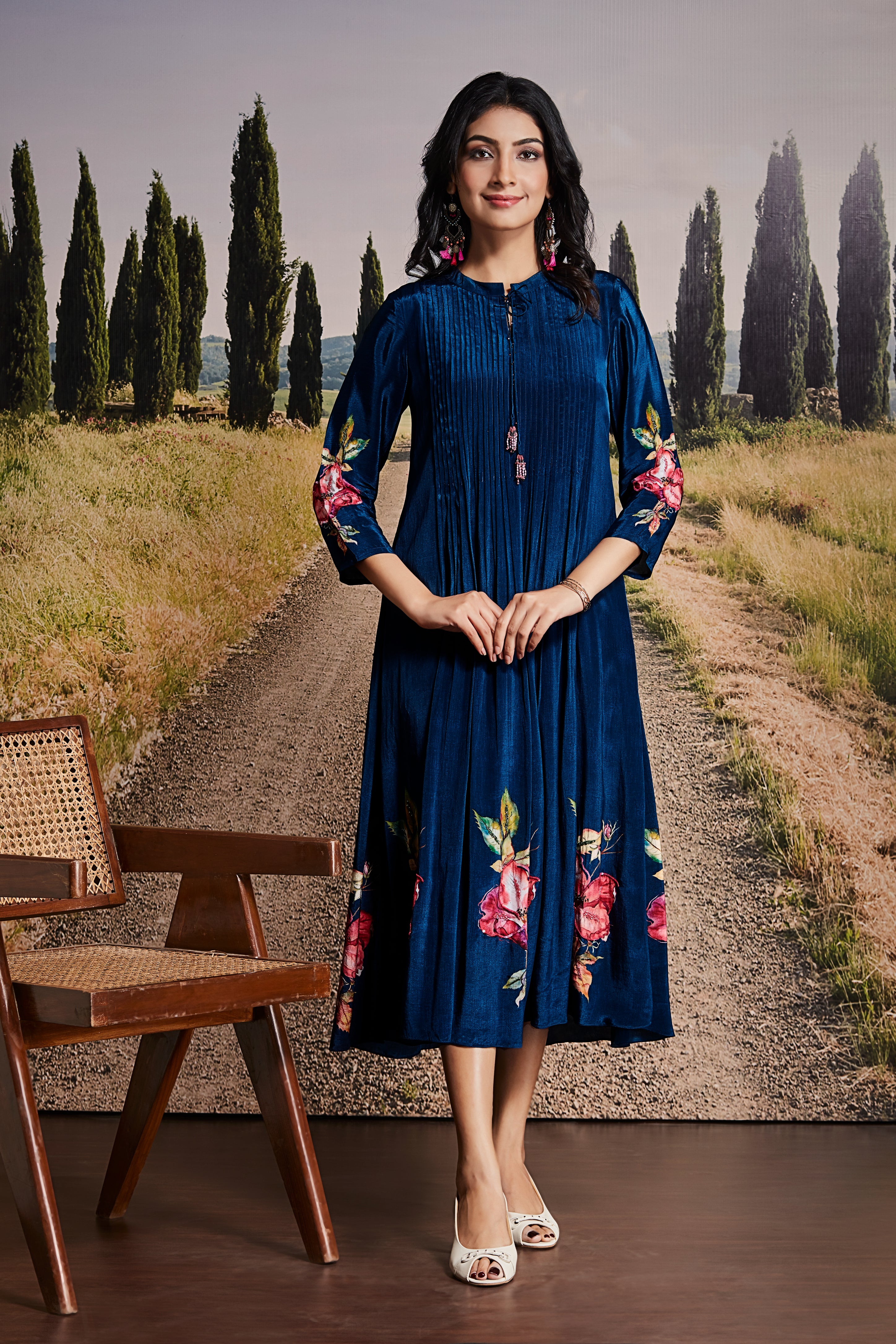 Navy Blue Cotton Midi Dress with Floral Embroidery