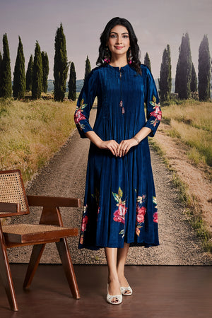 Navy Blue Cotton Midi Dress with Floral Embroidery - Mokshaa