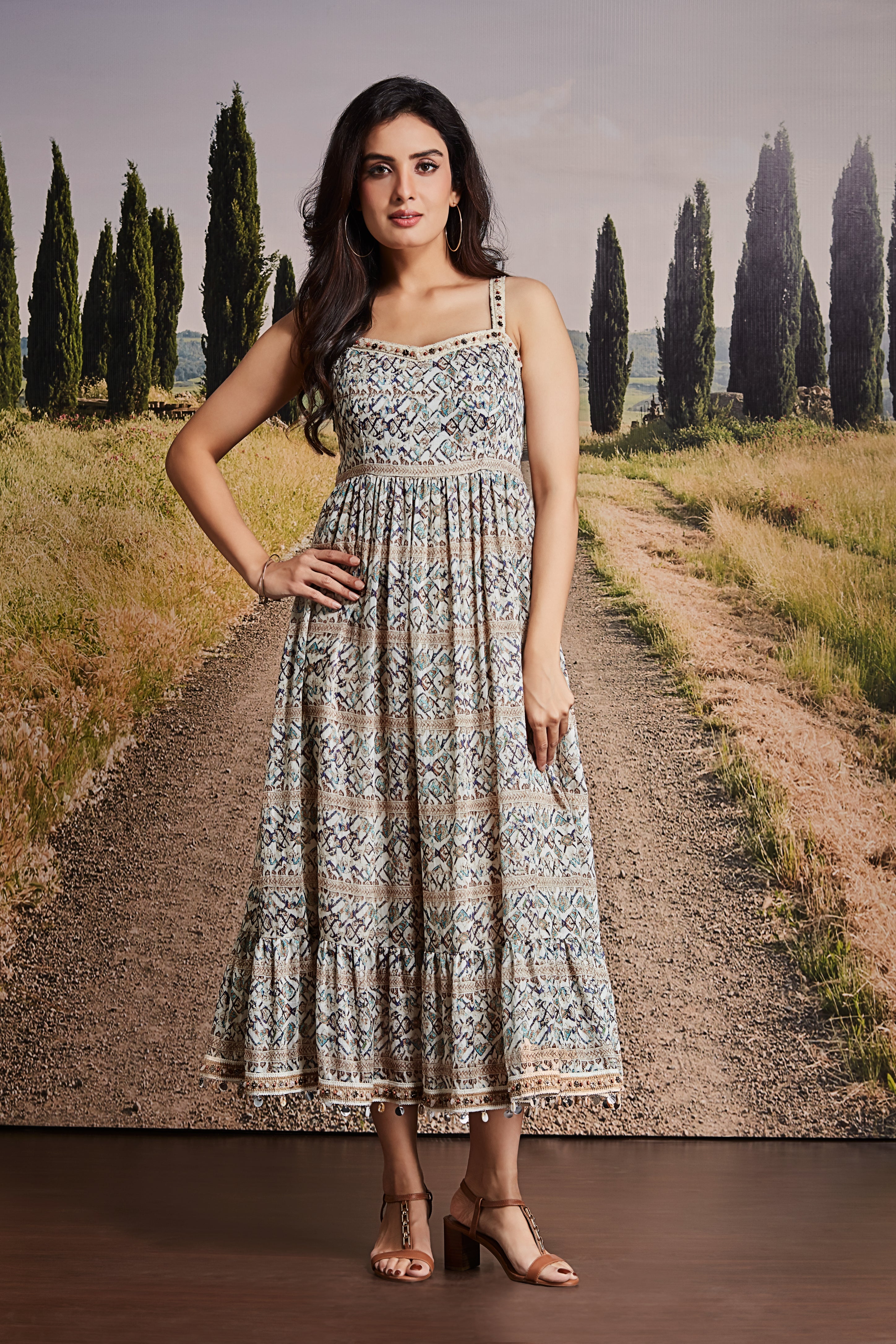 Beige Printed Cotton Midi Dress with Strappy Detailing