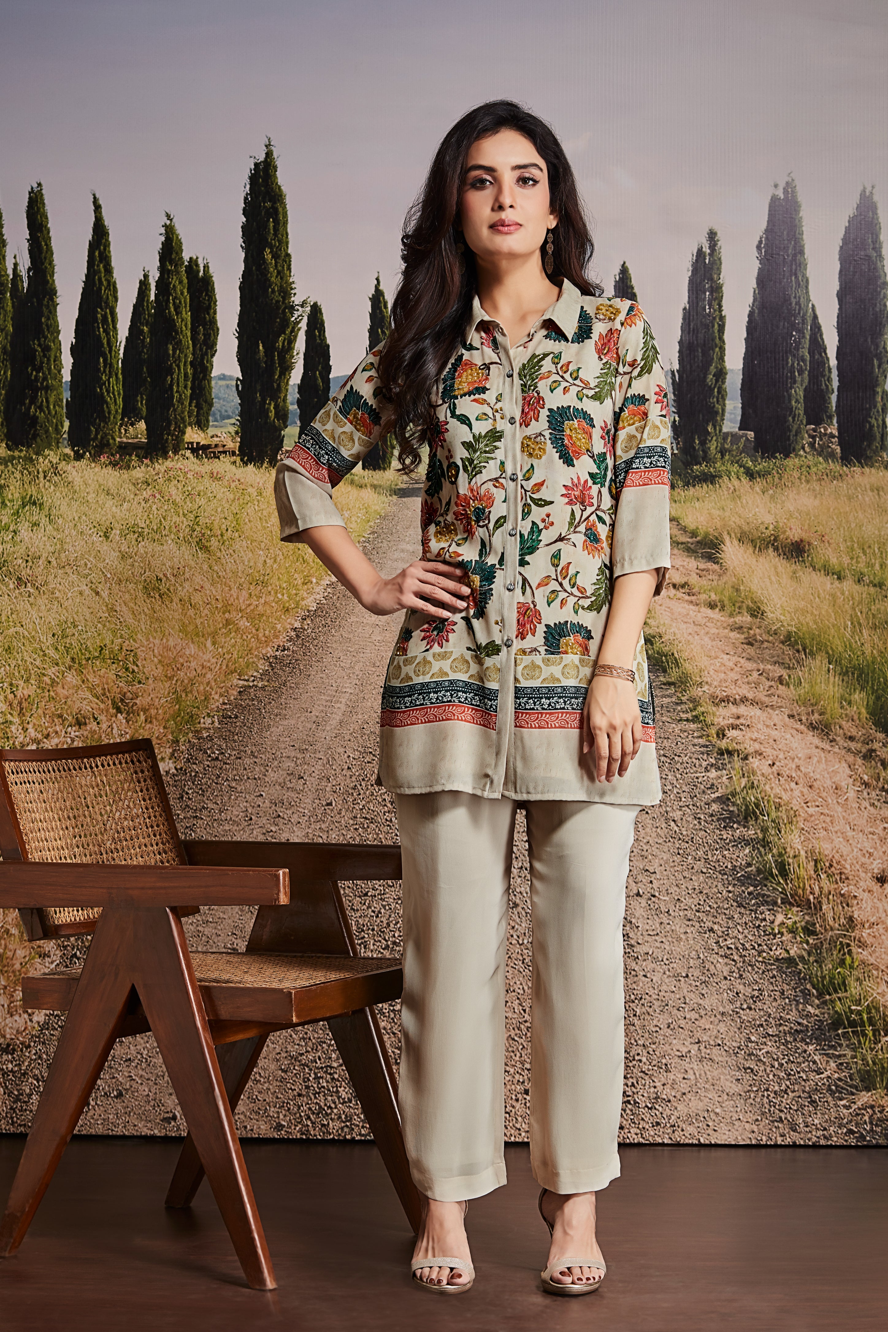 Sand Beige Crepe Co-ord Set with Multicolor Mughal Floral Print