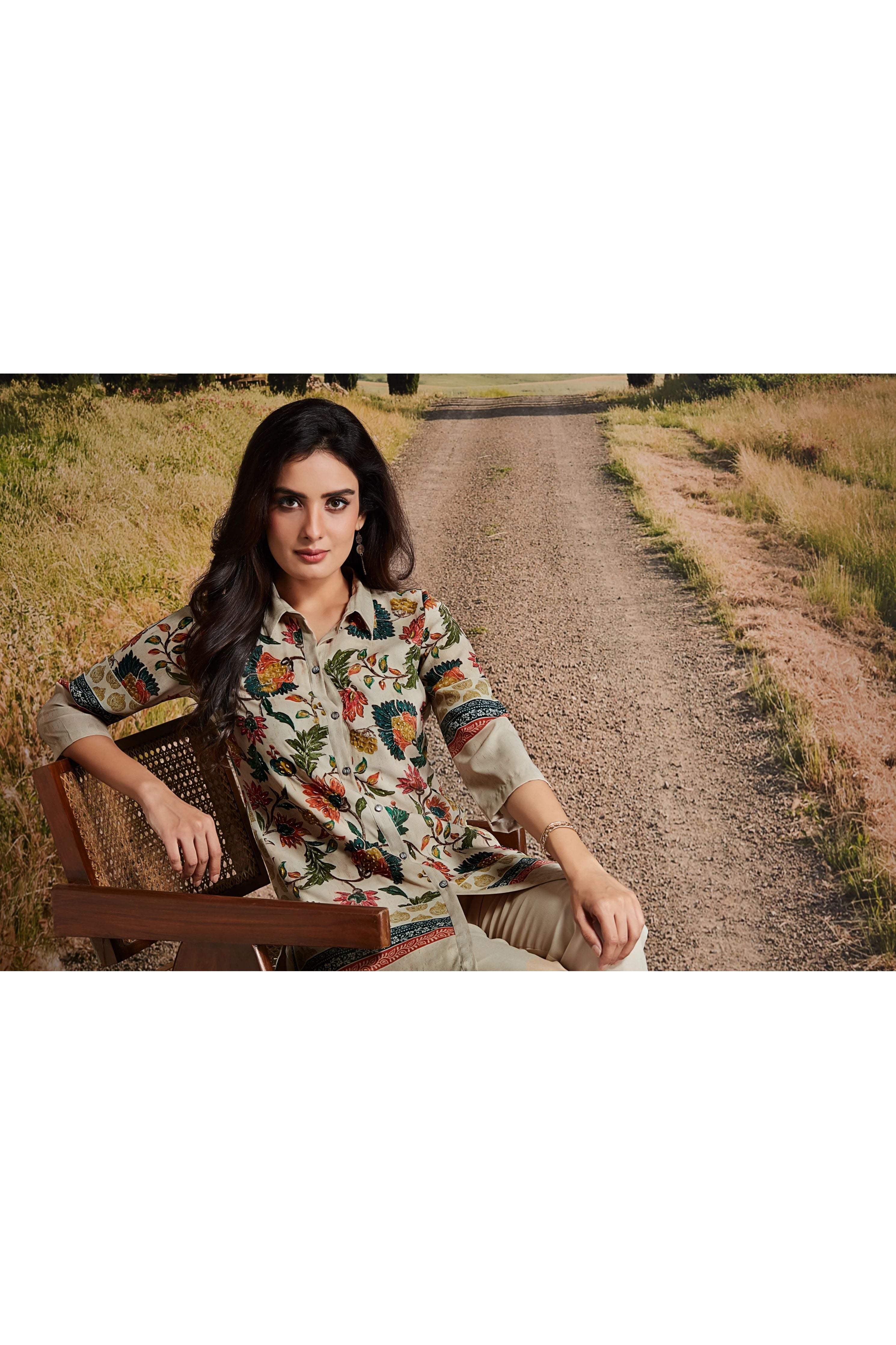 Sand Beige Crepe Co-ord Set with Multicolor Mughal Floral Print - Mokshaa