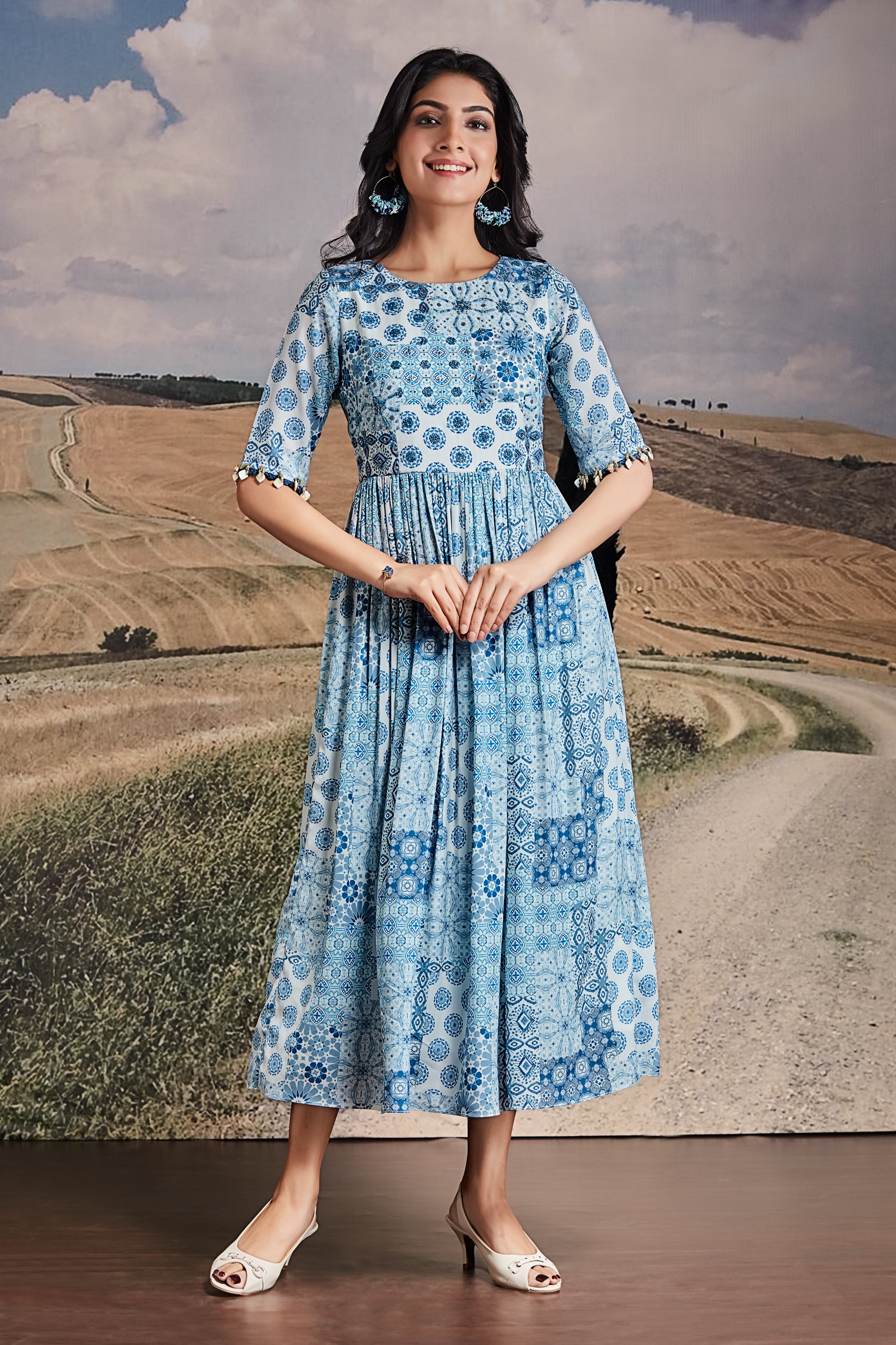 Blue Cotton Midi Dress with Tile Print