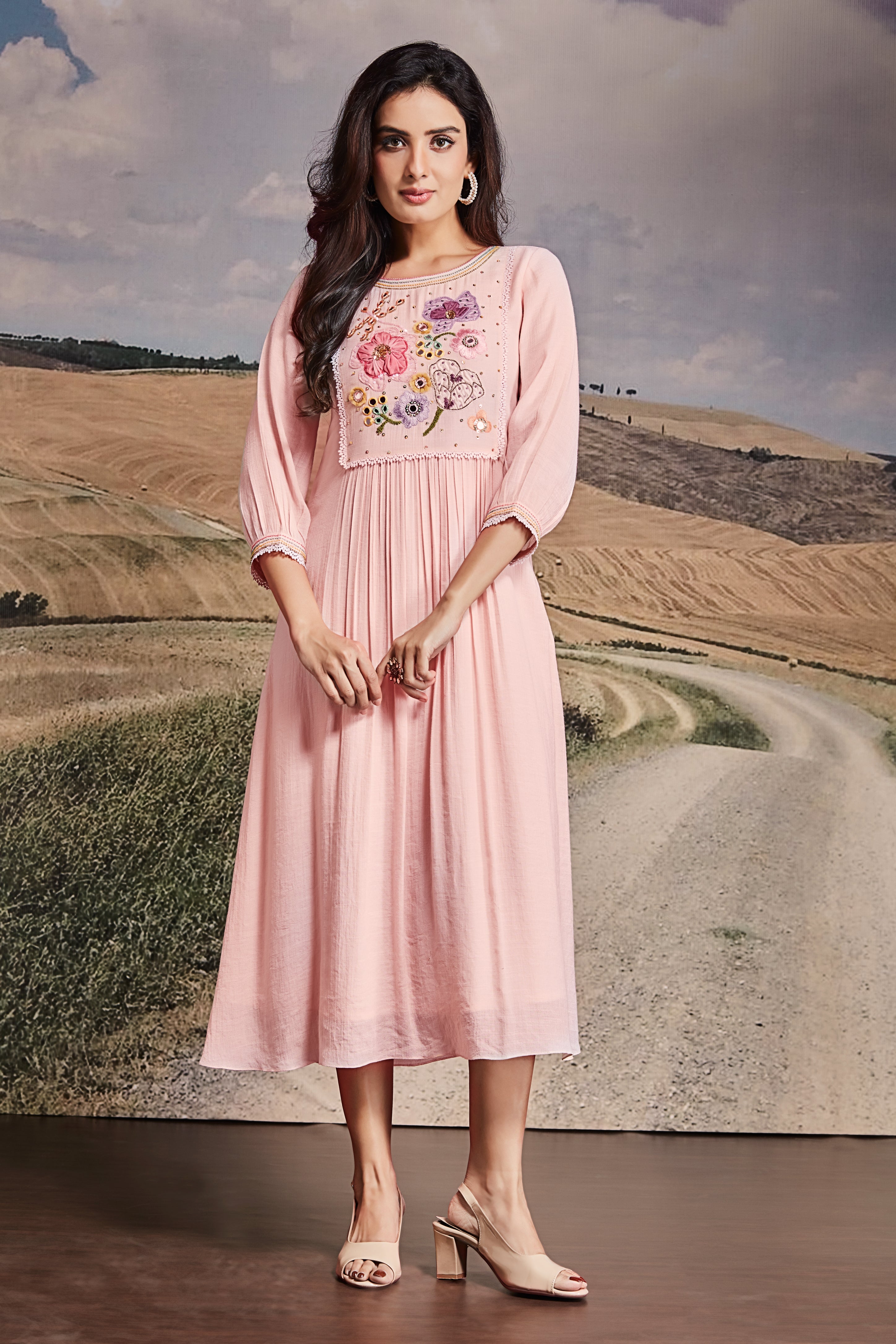 Pastel Pink Cotton Midi Dress with Embroidered Yoke