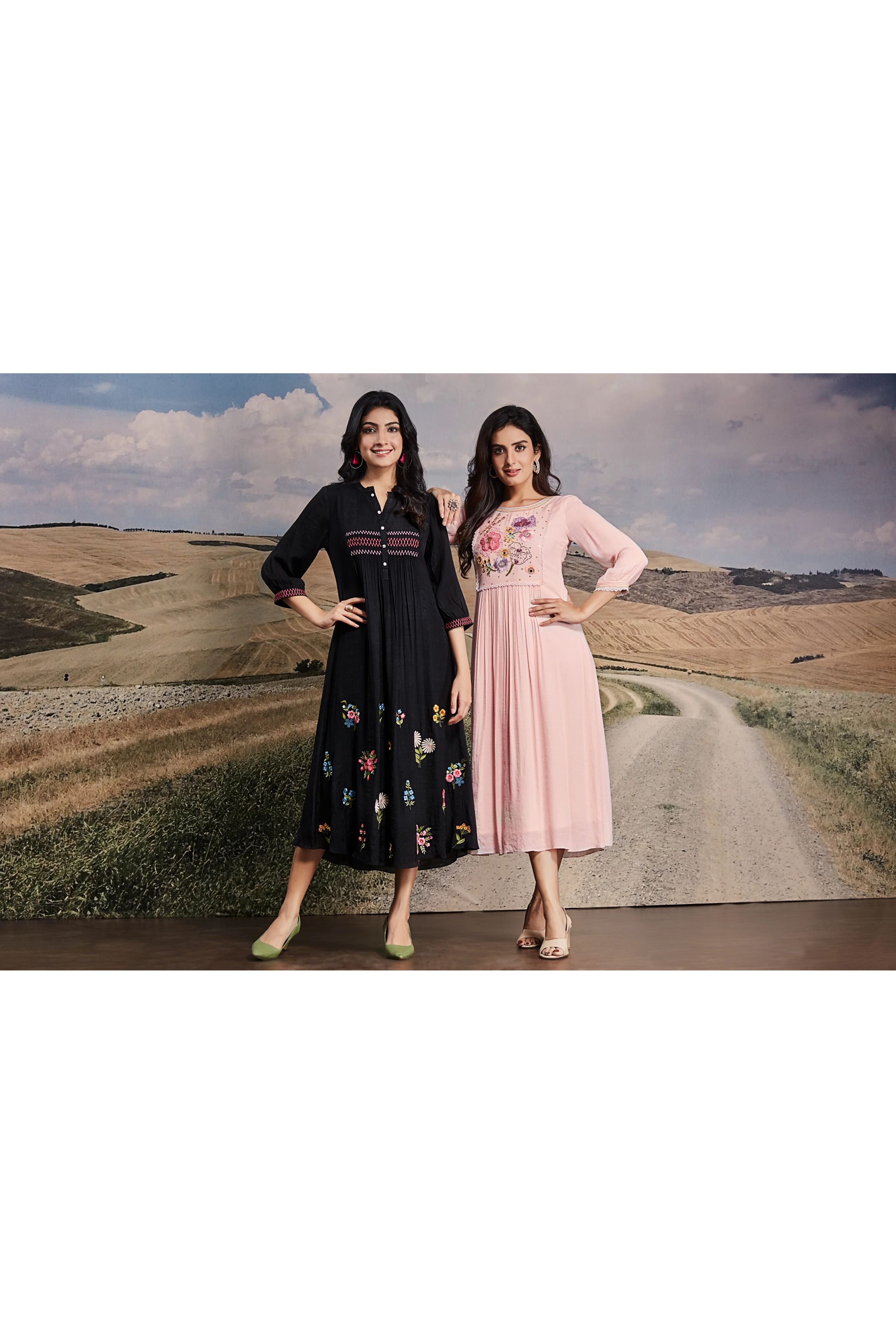 Pastel Pink Cotton Midi Dress with Embroidered Yoke - Mokshaa