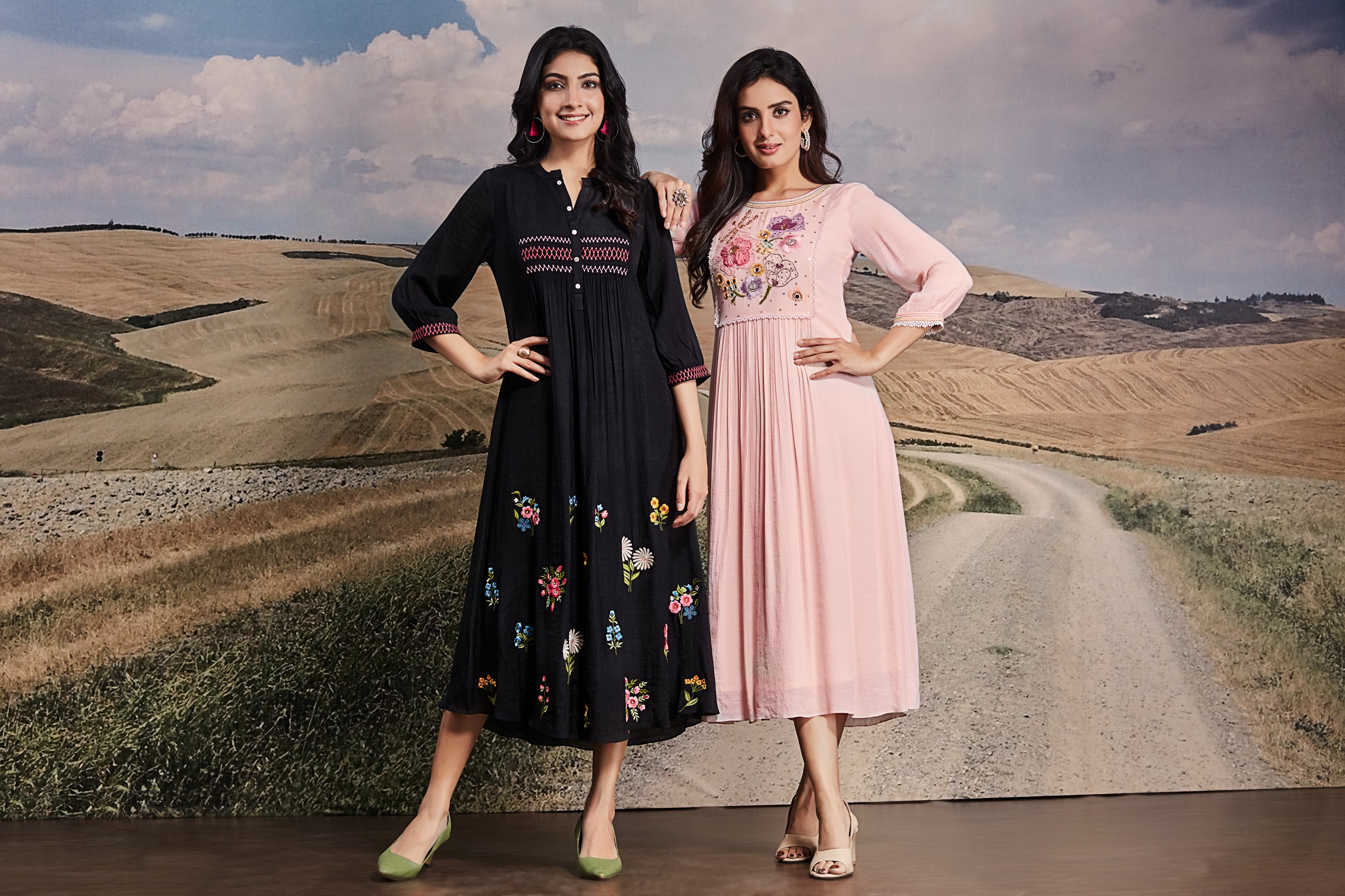 Pastel Pink Cotton Midi Dress with Embroidered Yoke