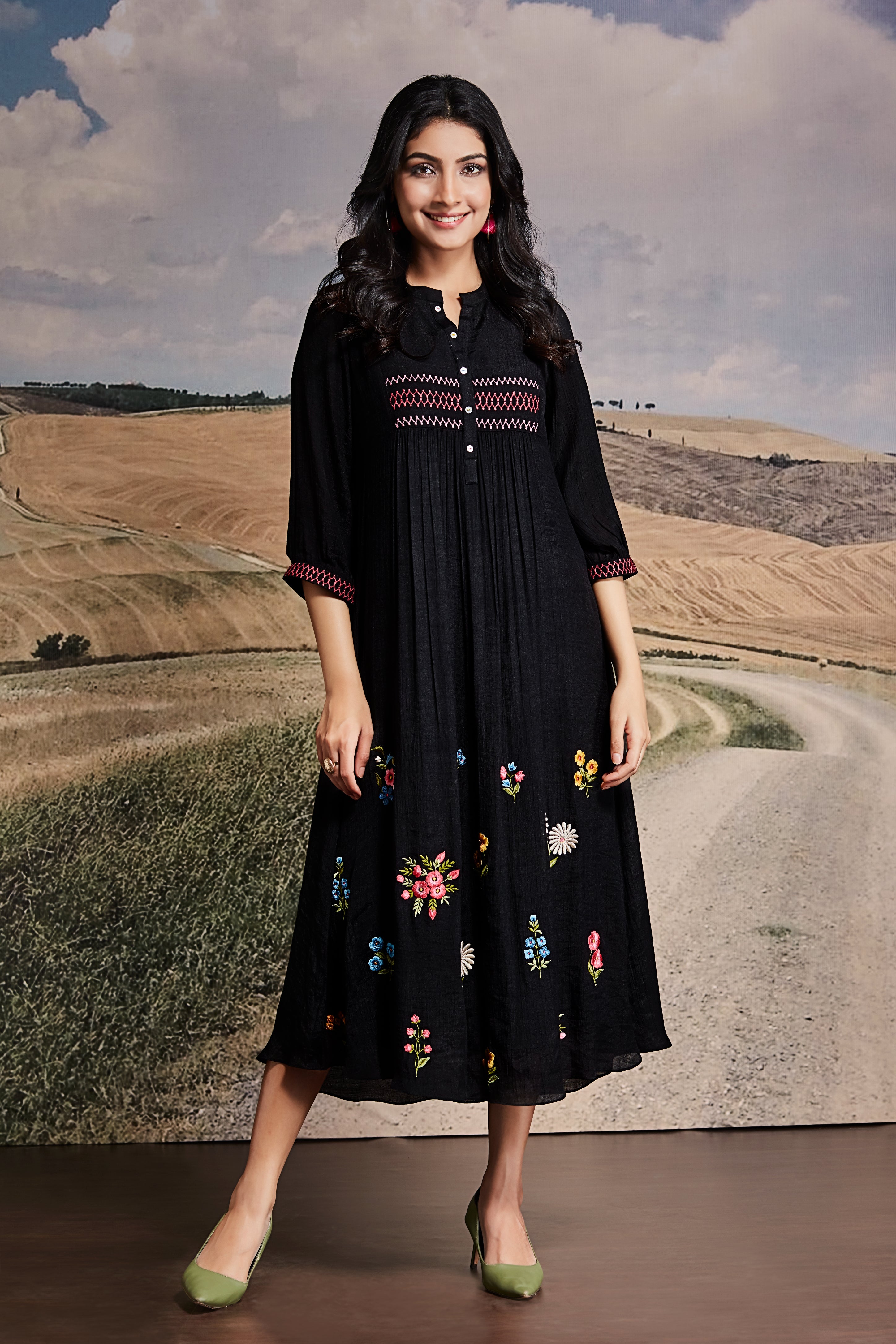 Black Cotton Midi Dress with Multicolor Embroidery