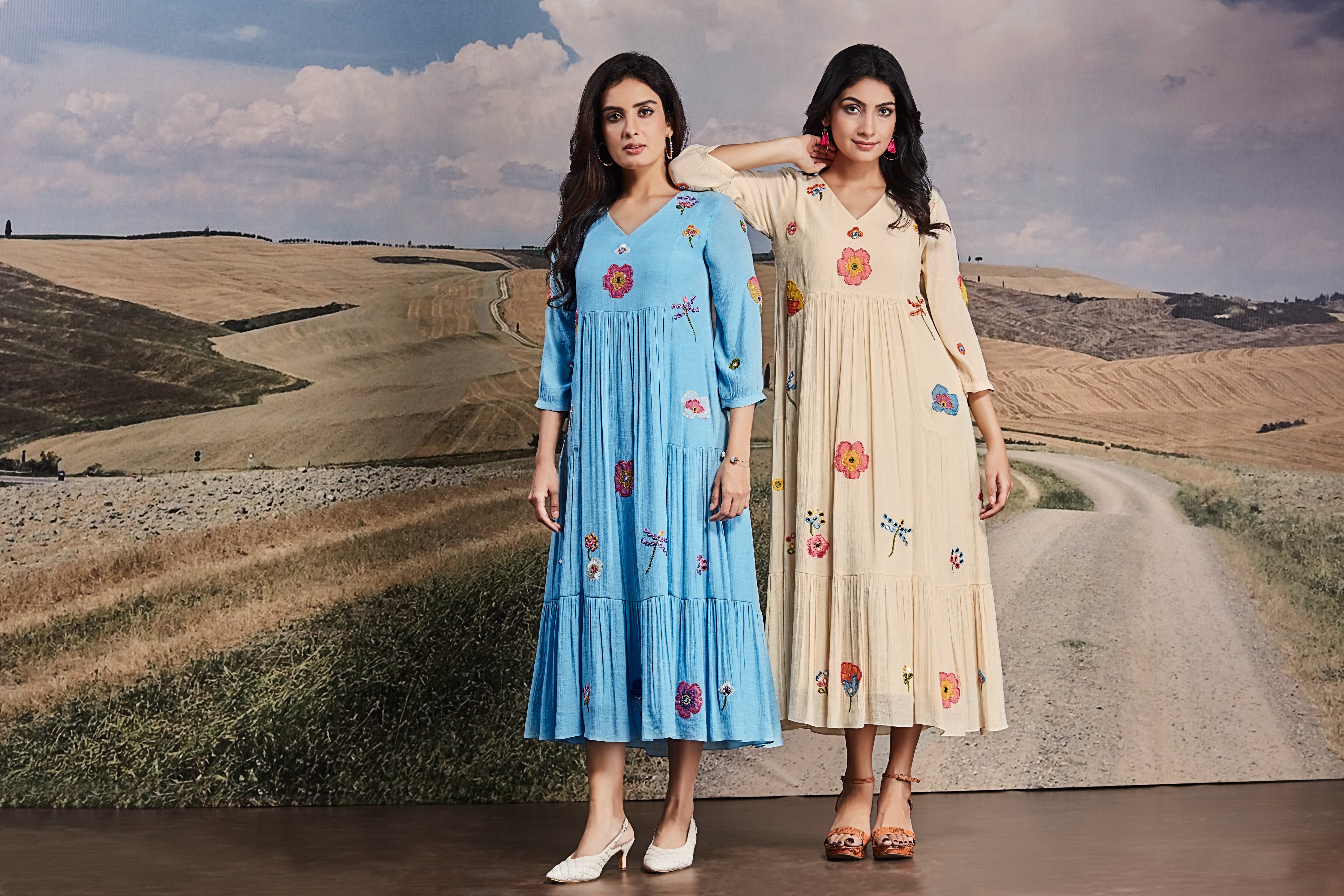Embroidered Blue Cotton Midi Dress with Tiered Hem