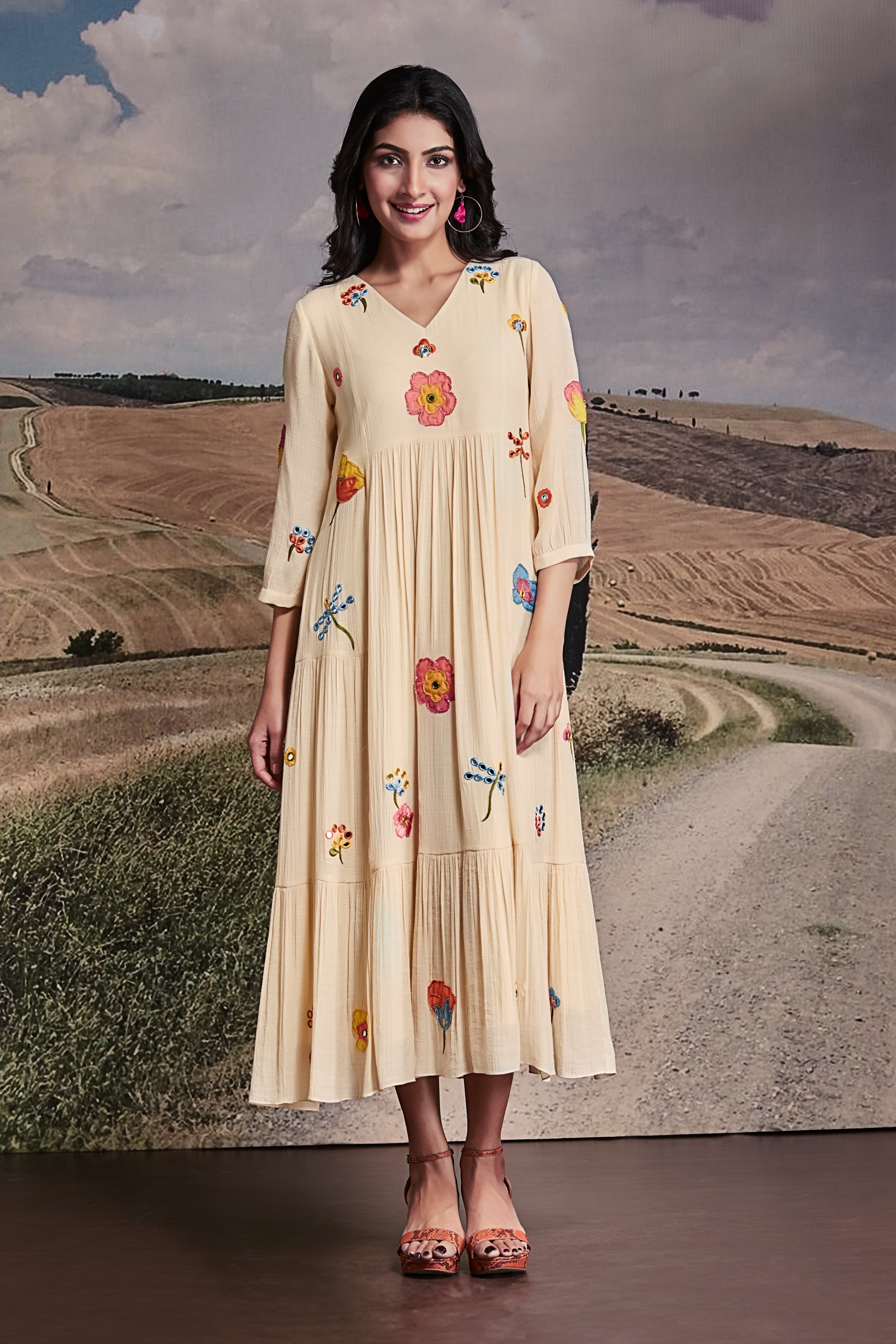 Embroidered Cream Cotton Midi Dress with Flared Hem