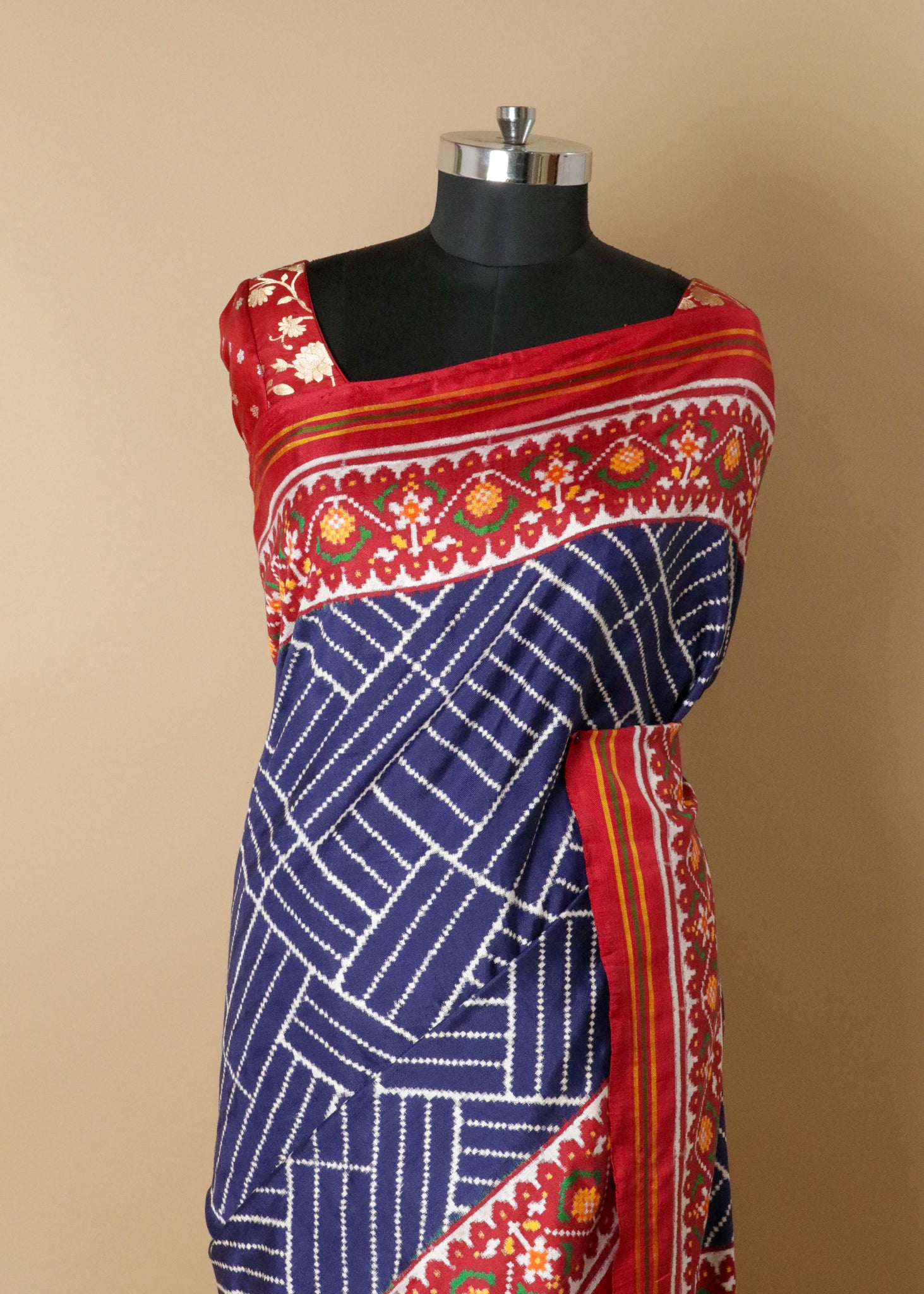 Navy Patan Patola Diagonal Stripes Saree