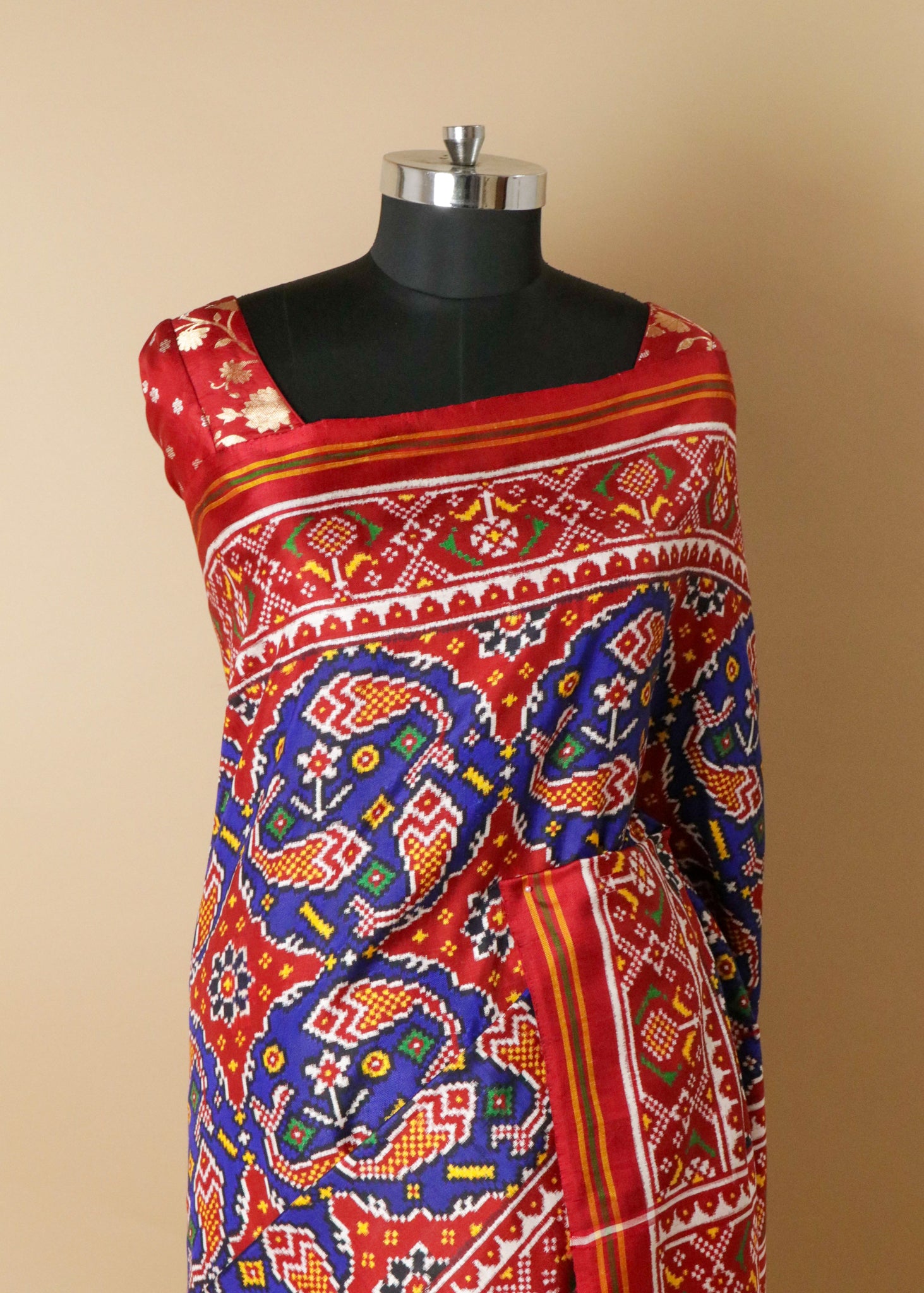 Royal Blue Patan Patola Saree with Red Contrast Border & Double Pallu