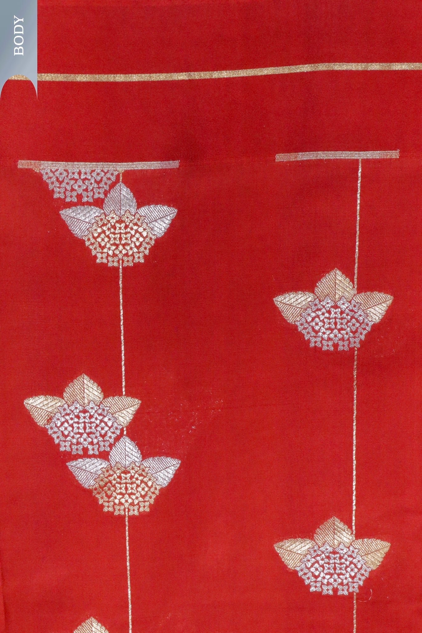 Rust Banarasi Silk Saree with Gold & Silver Zari Buttas