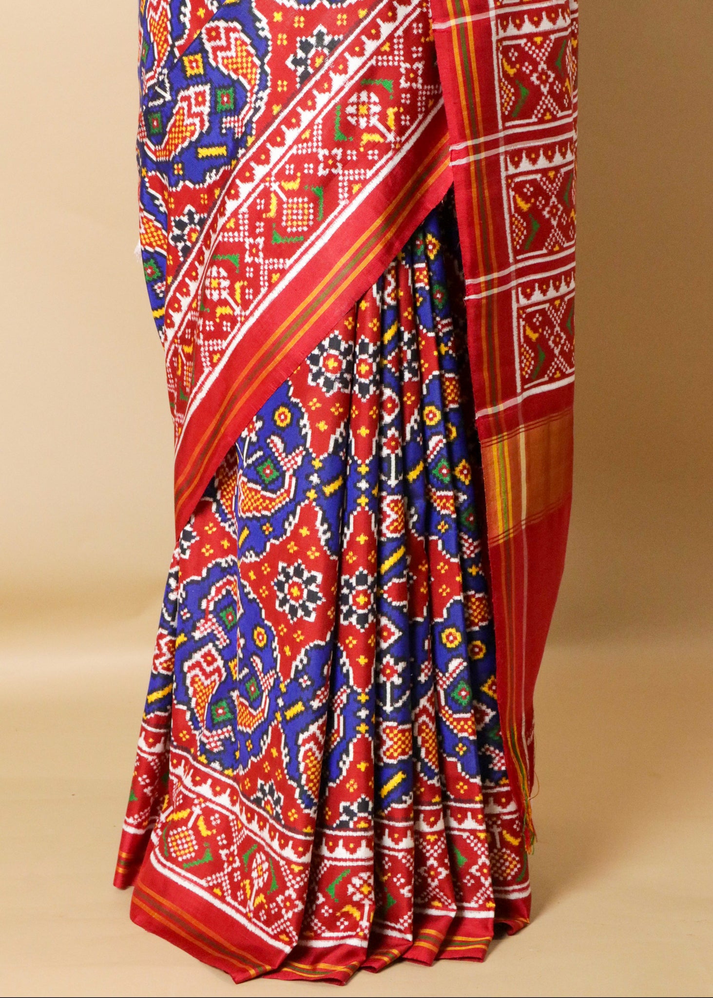 Royal Blue Patan Patola Saree with Red Contrast Border & Double Pallu
