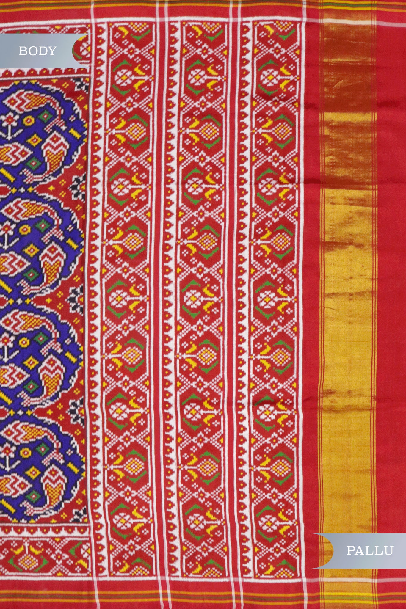 Royal Blue Patan Patola Saree with Red Contrast Border & Double Pallu