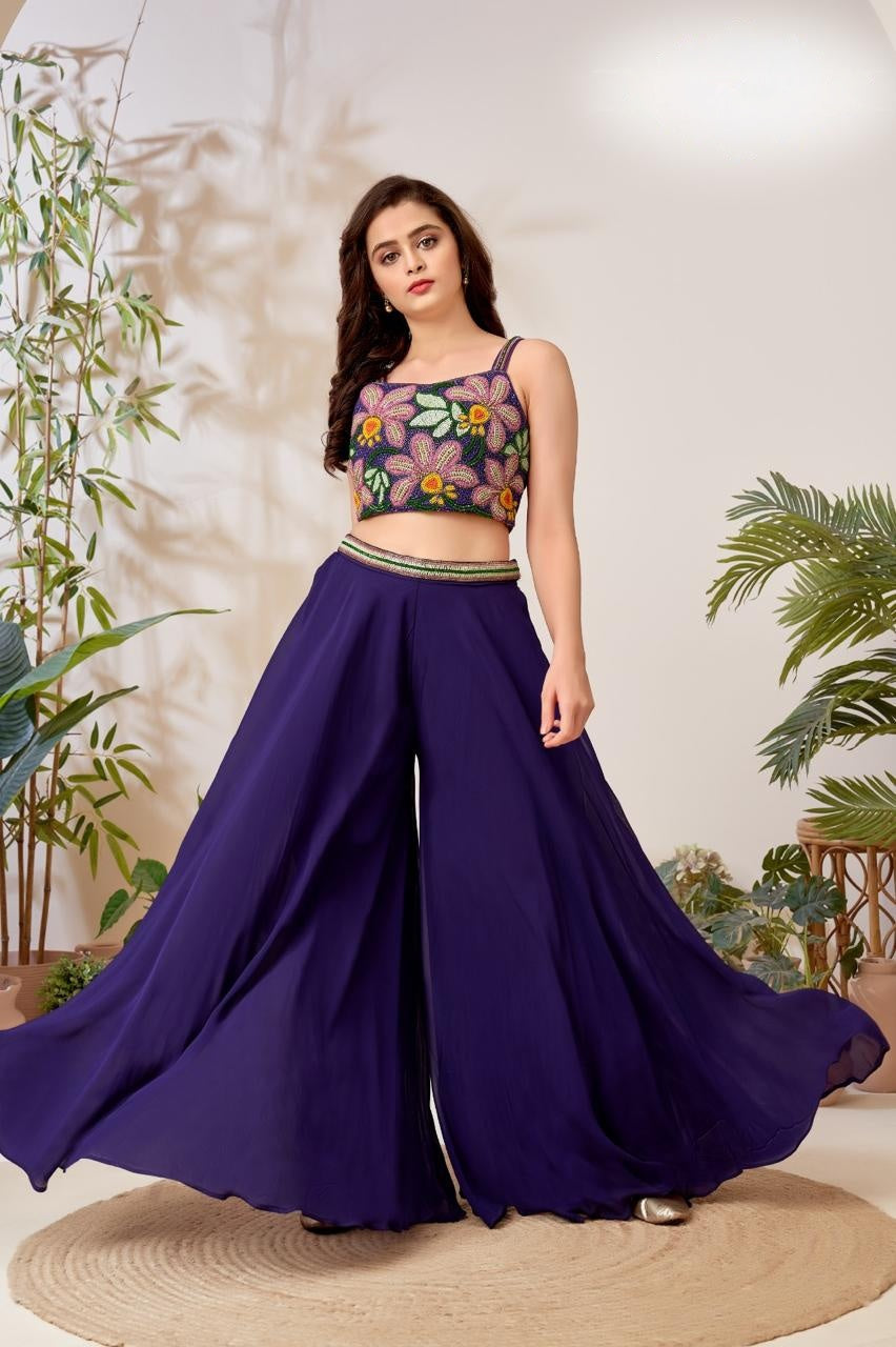 Dark Purple Palazzo Set with Multicolor Floral Beaded Blouse
