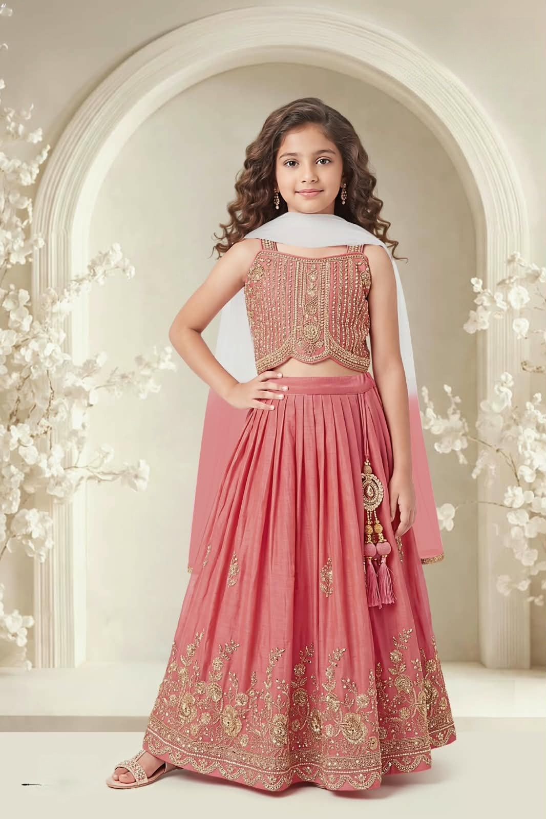 Coral Pink Embroidered Girls Lehenga Set